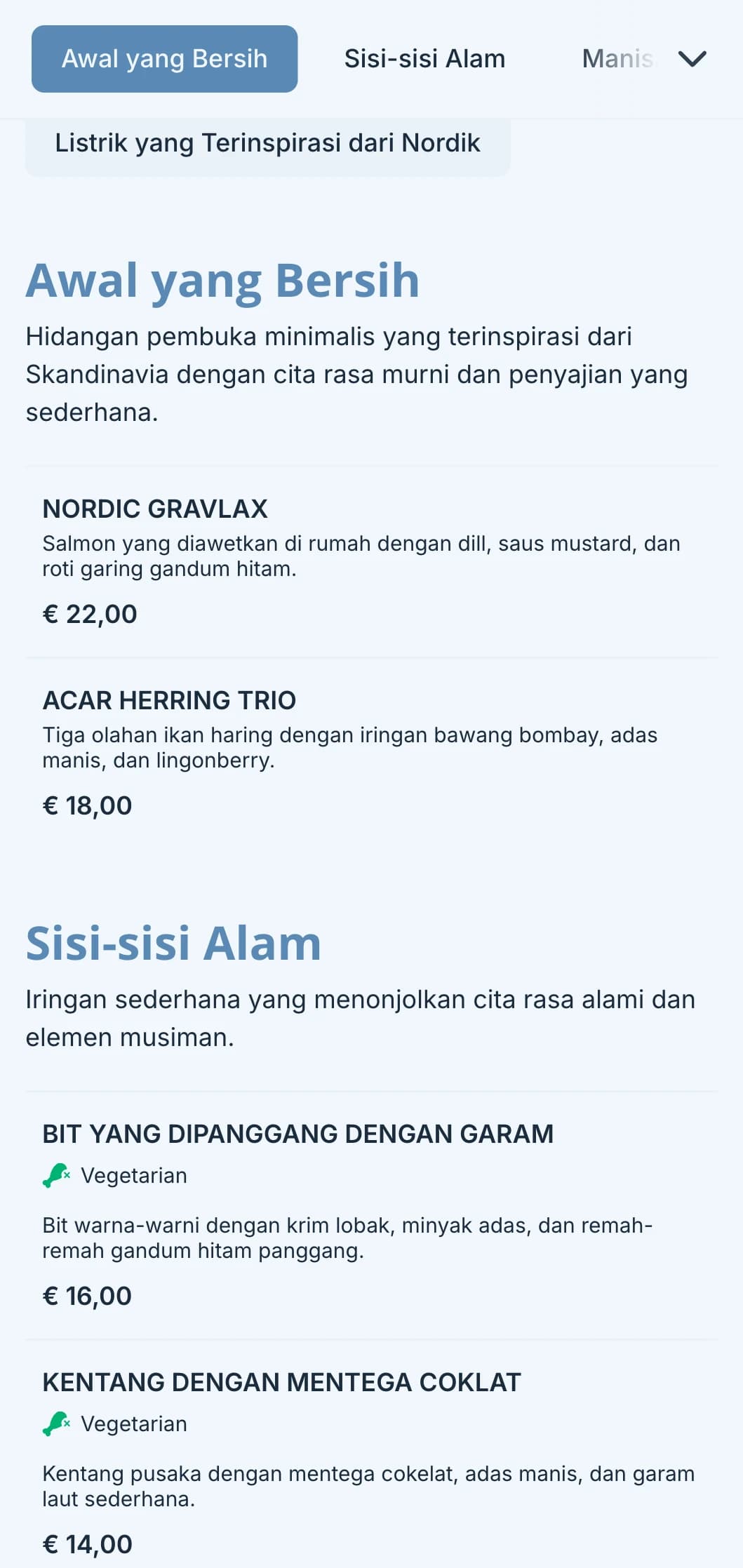 Katering bersih yang terinspirasi dari Skandinavia dengan desain minimalis, elemen fermentasi, dan presentasi yang terinspirasi dari alam untuk acara-acara modern.