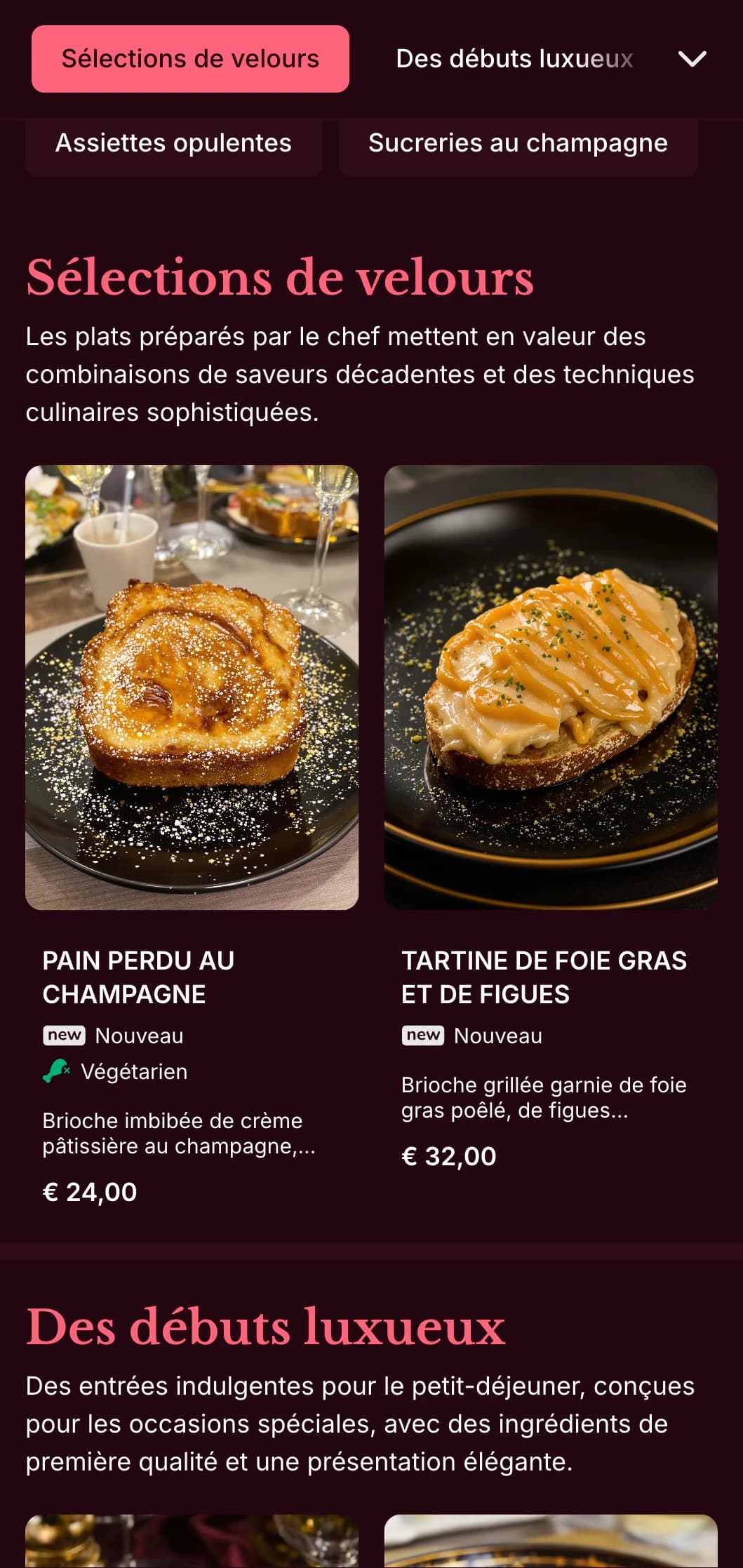 Modèle de brunch riche et luxueux avec des couleurs profondes, conçu pour des brunchs de week-end haut de gamme accompagnés de cocktails.