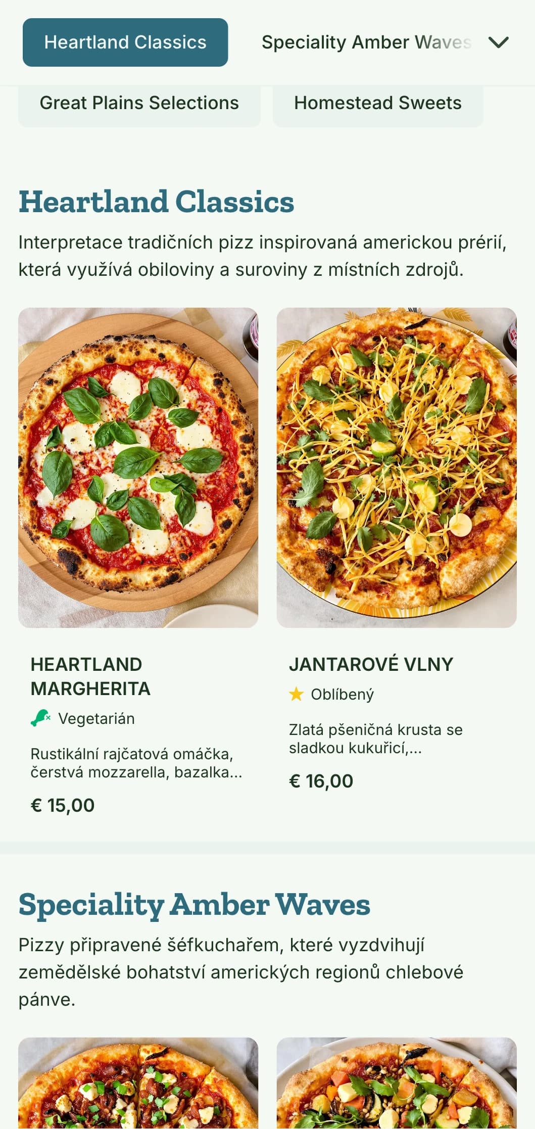 Nabídka pizzy inspirovaná americkým srdcem s motivy pšenice a přírodními prvky.