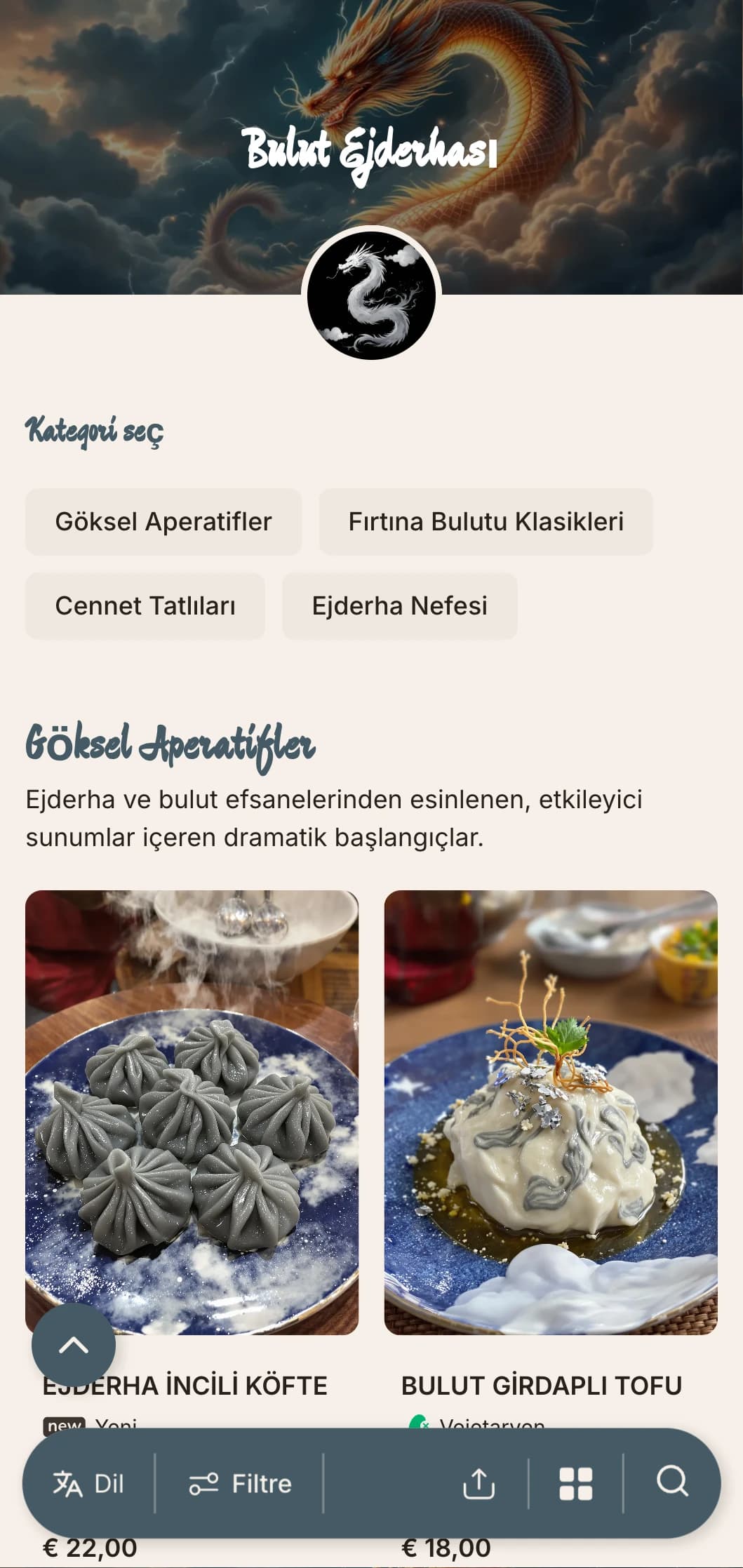 Otantik imparatorluk mutfağı için güçlü unsurlar içeren bulut ve ejderha motifli dramatik Çin menü tasarımı.