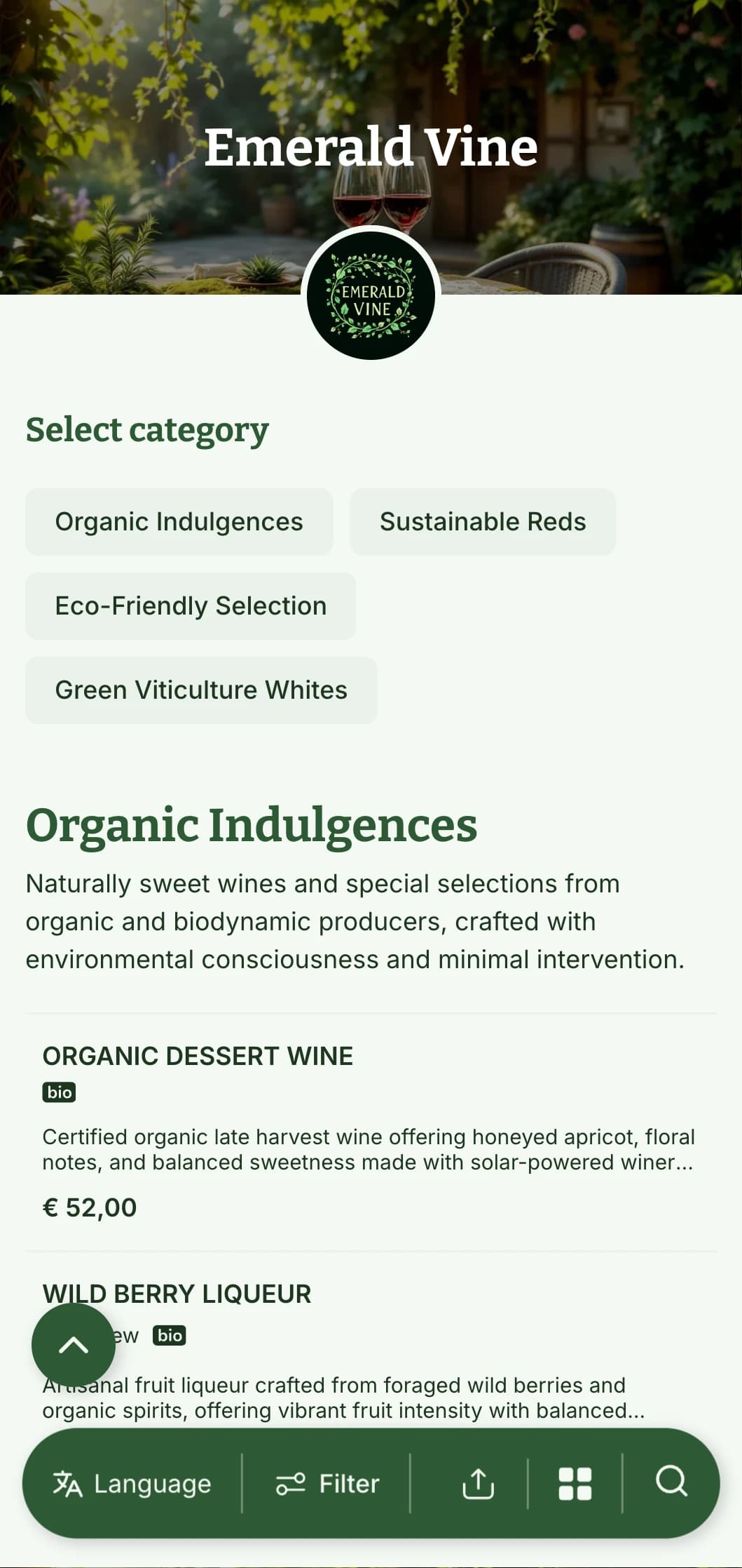 Lush green-themed wine list template with botanical elements and natural textures, perfect for organic wine selections and garden restaurants.