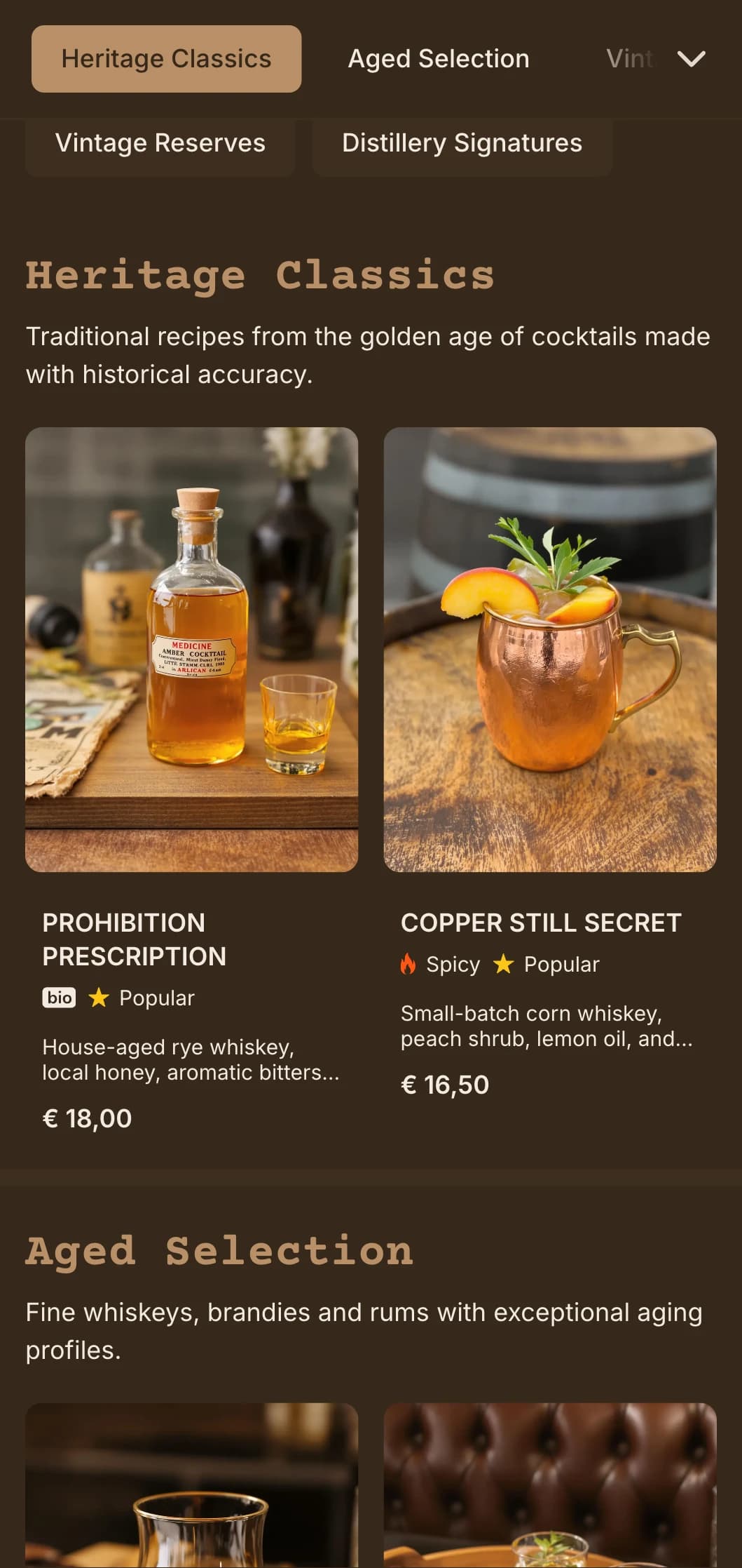 Timeless brown and cream design with vintage distillery elements for craft spirit venues.