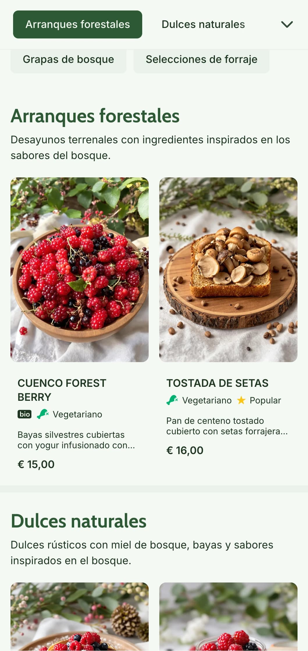 Desayunos terrenales inspirados en ingredientes del bosque y presentados con un estilo rústico.