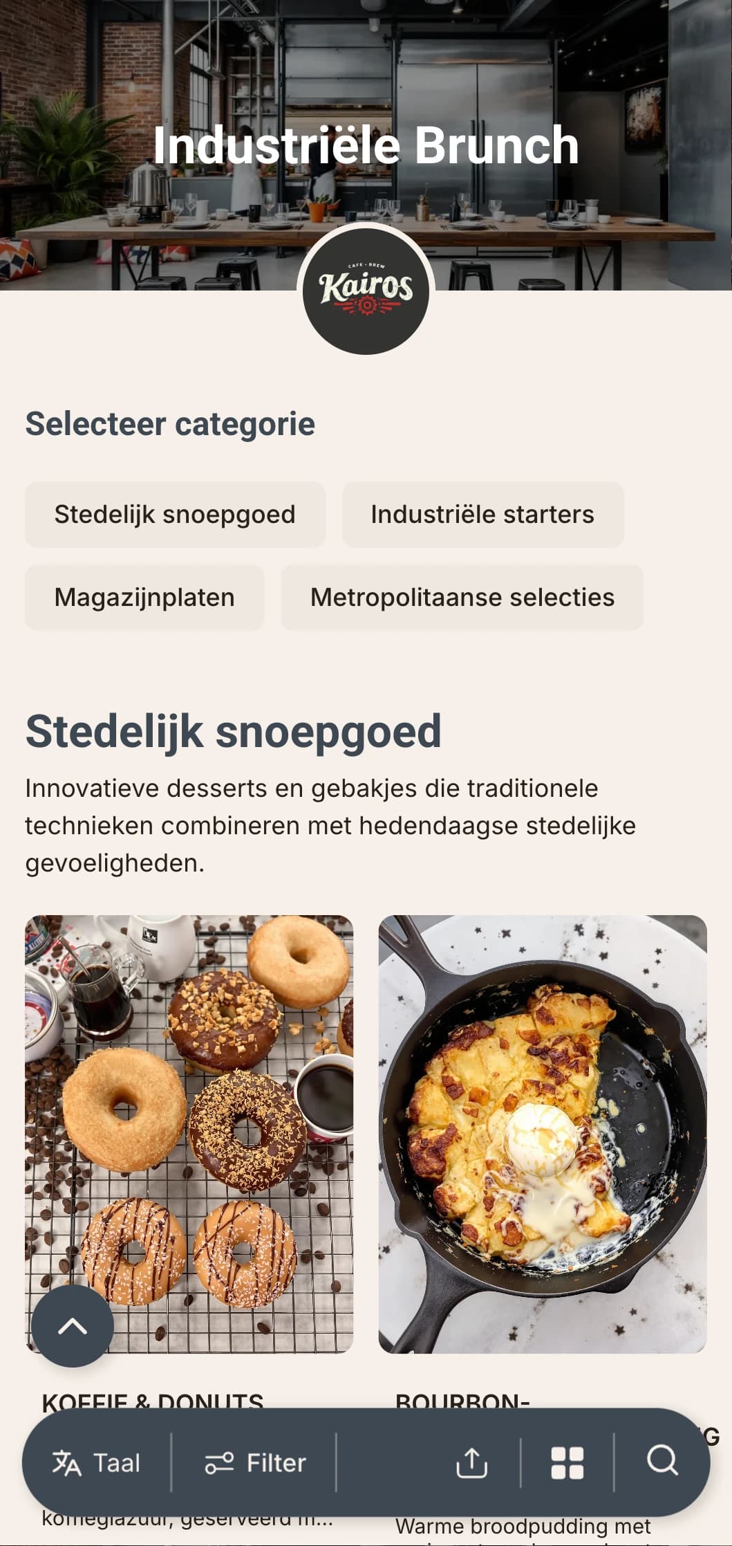 Rauw, stedelijk brunchsjabloon met industriële ontwerpelementen, geschikt voor pakhuiscafés en verbouwde ruimtes.