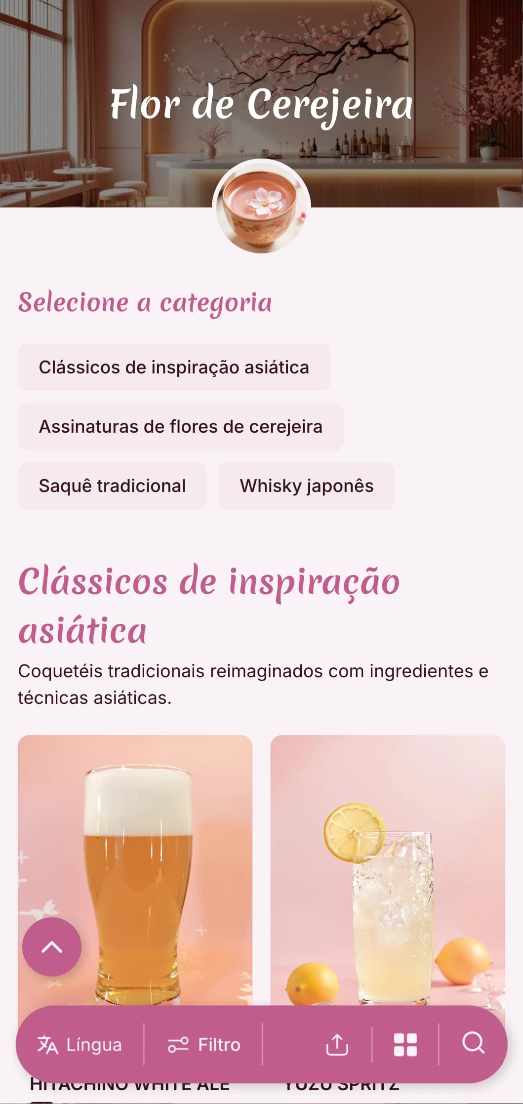 Design rosa delicado inspirado na estética japonesa para saquê e bares de fusão asiática.