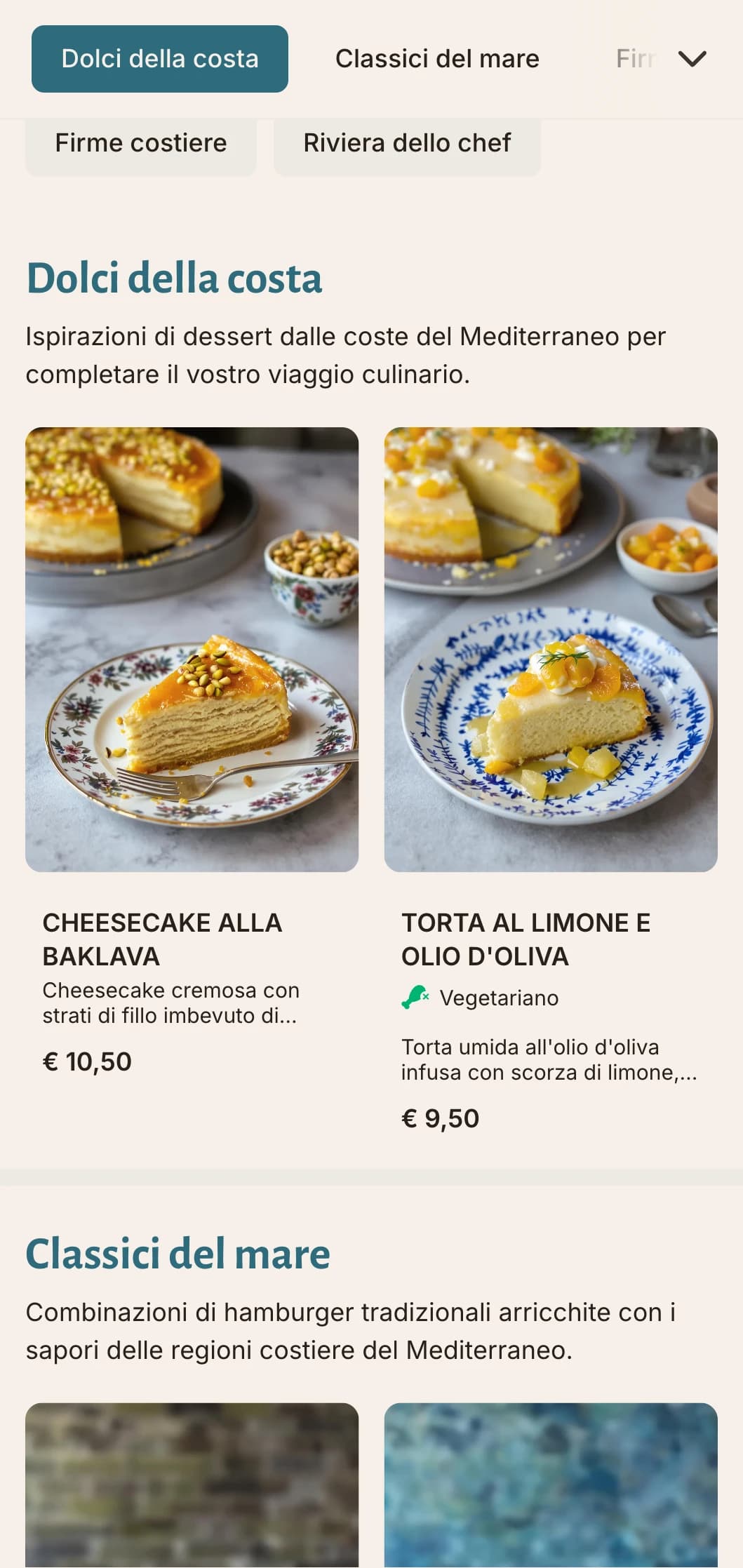 Menu di hamburger di ispirazione costiera con accenti blu mediterranei e ingredienti freschi.