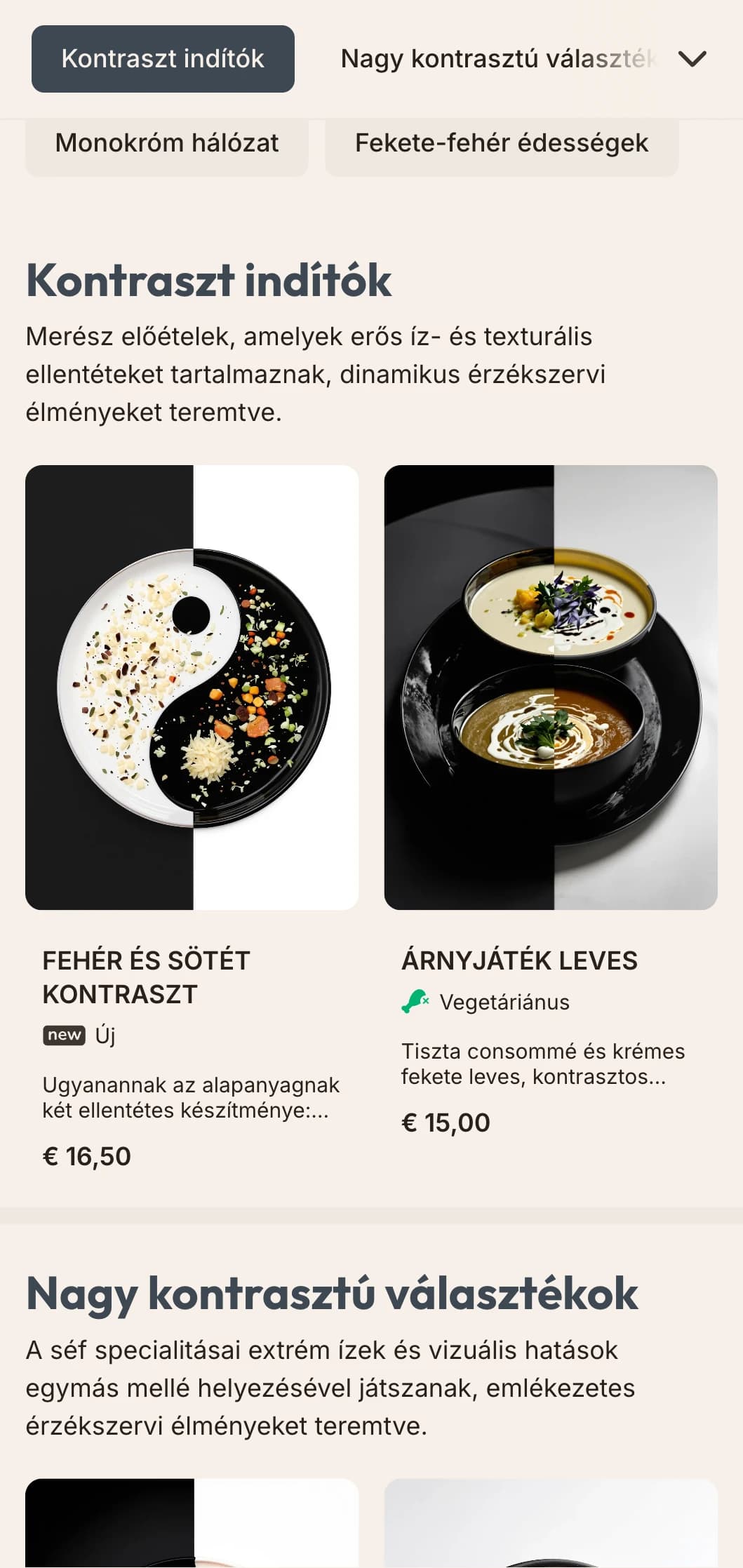 Merész, fekete-fehér, kontrasztos és merész tipográfiájú ebédmenü-dizájn, amely tökéletes minimalista éttermekbe és kortárs művészeti terekbe.