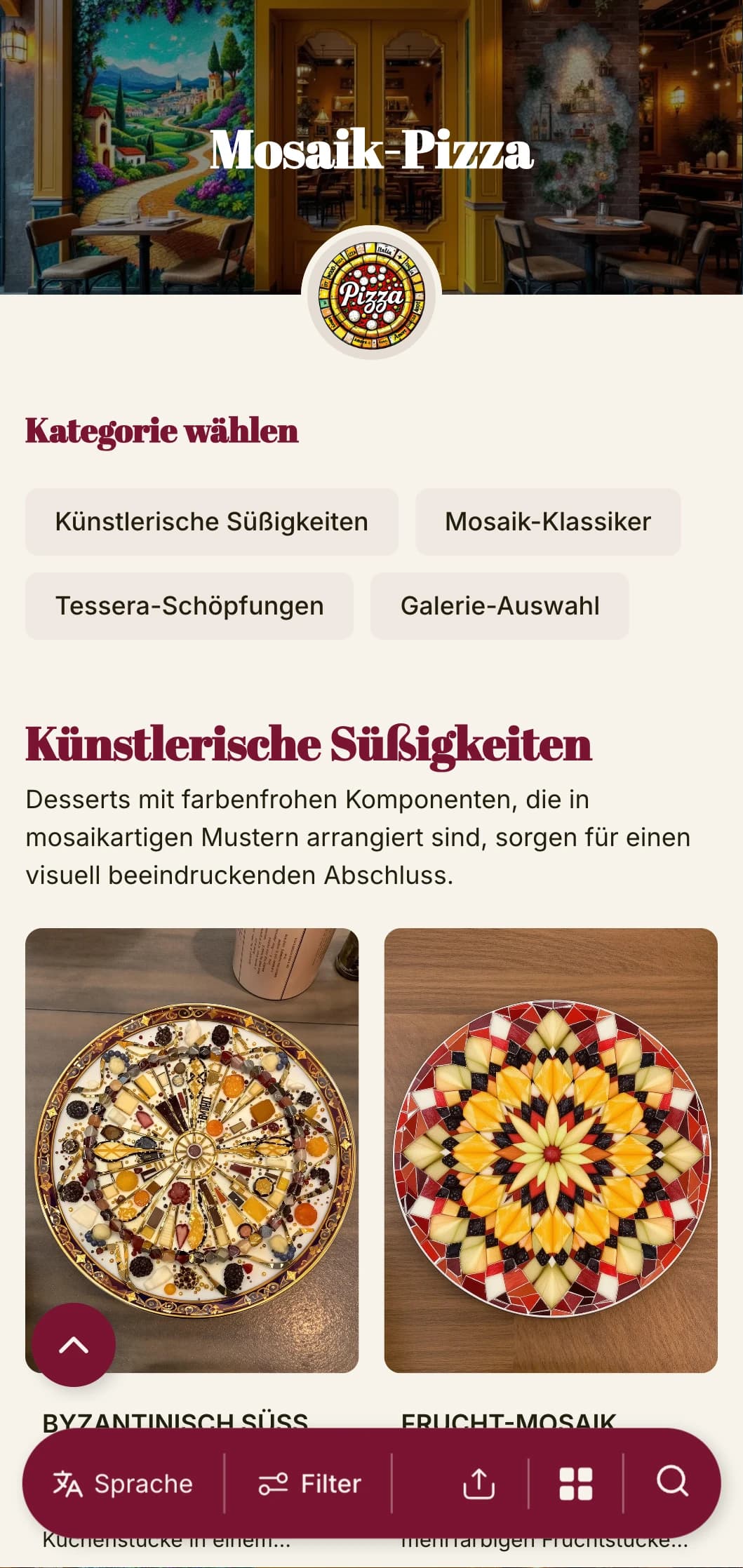 Buntes, künstlerisches Pizzamenü, inspiriert von italienischer Mosaikkunst mit lebendigen Elementen.