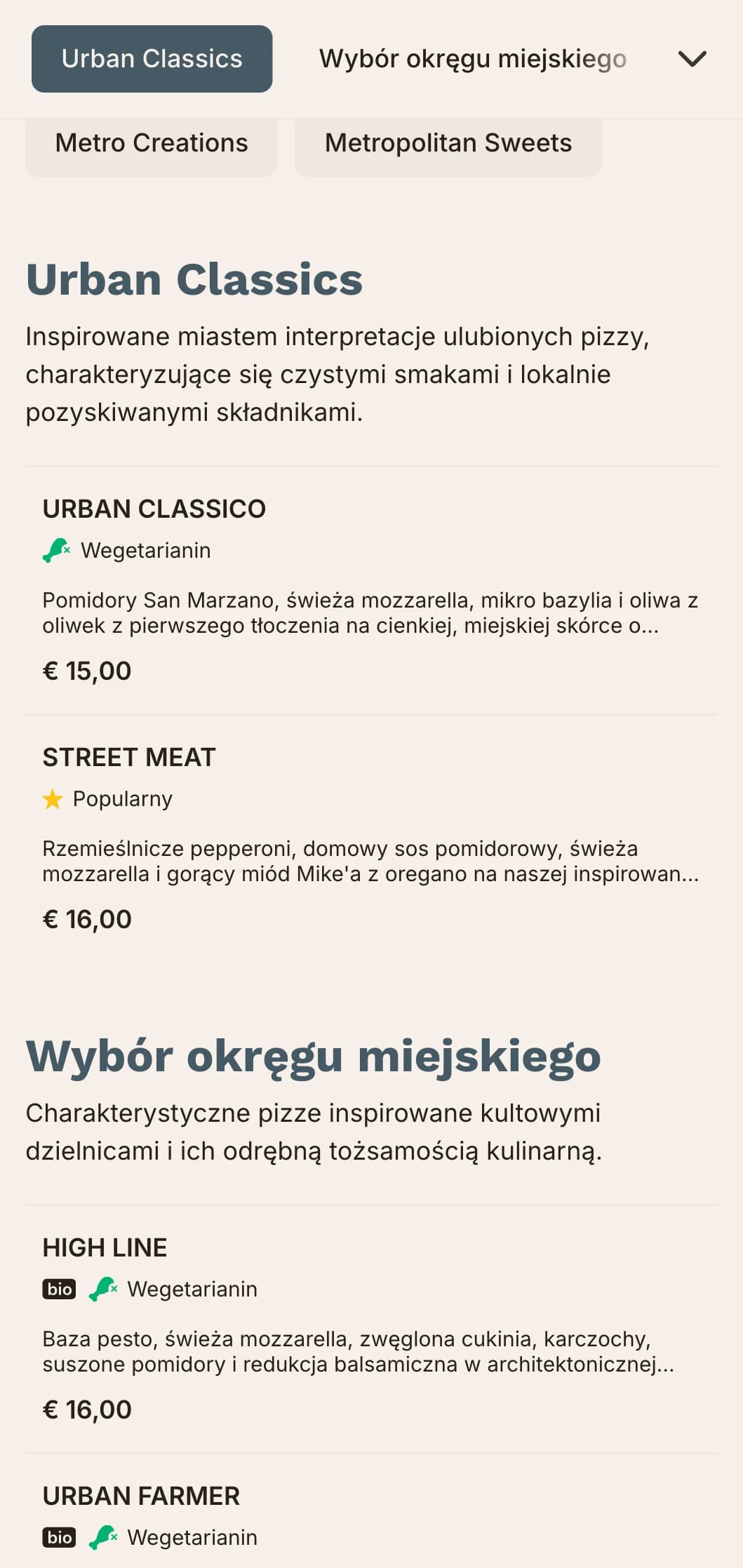 Miejskie menu pizzy o czystych liniach i nowoczesnym designie dla lokali miejskich.