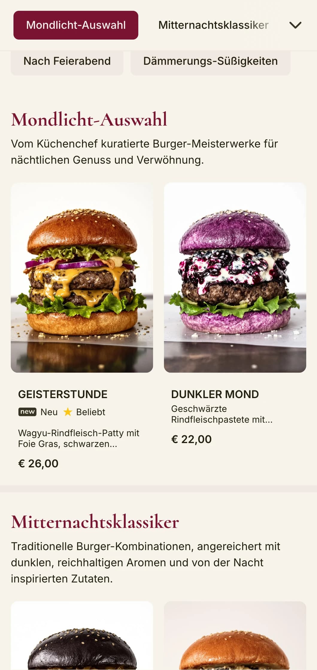 Premium-Burger-Lounge zu später Stunde mit dunklem Samt und geheimnisvoller Atmosphäre.