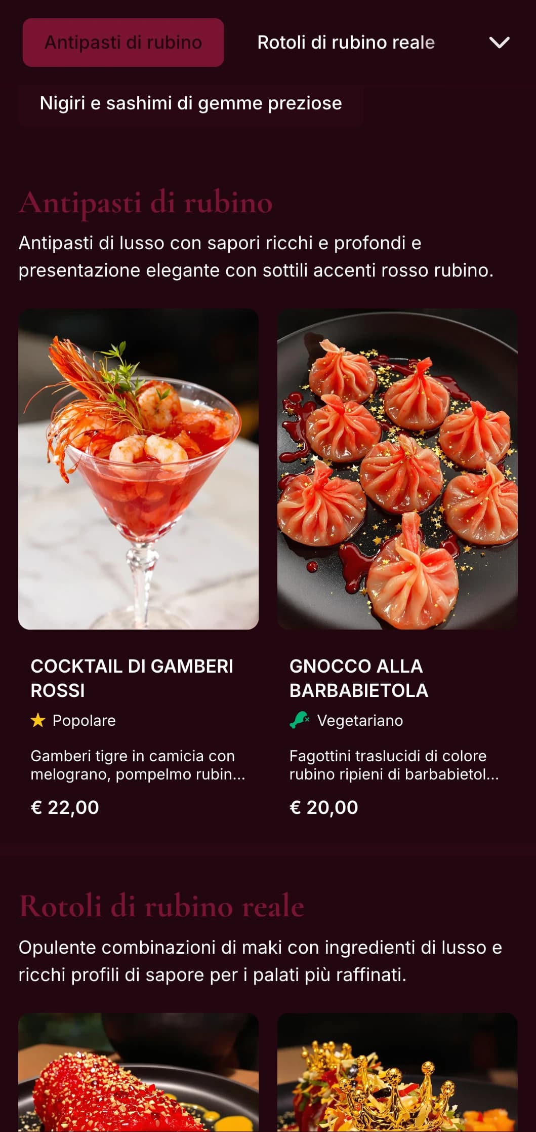 Ricco menu di sushi ispirato al rosso intenso, con lussuose tonalità di rubino, per ristoranti fusion asiatici di alto livello.