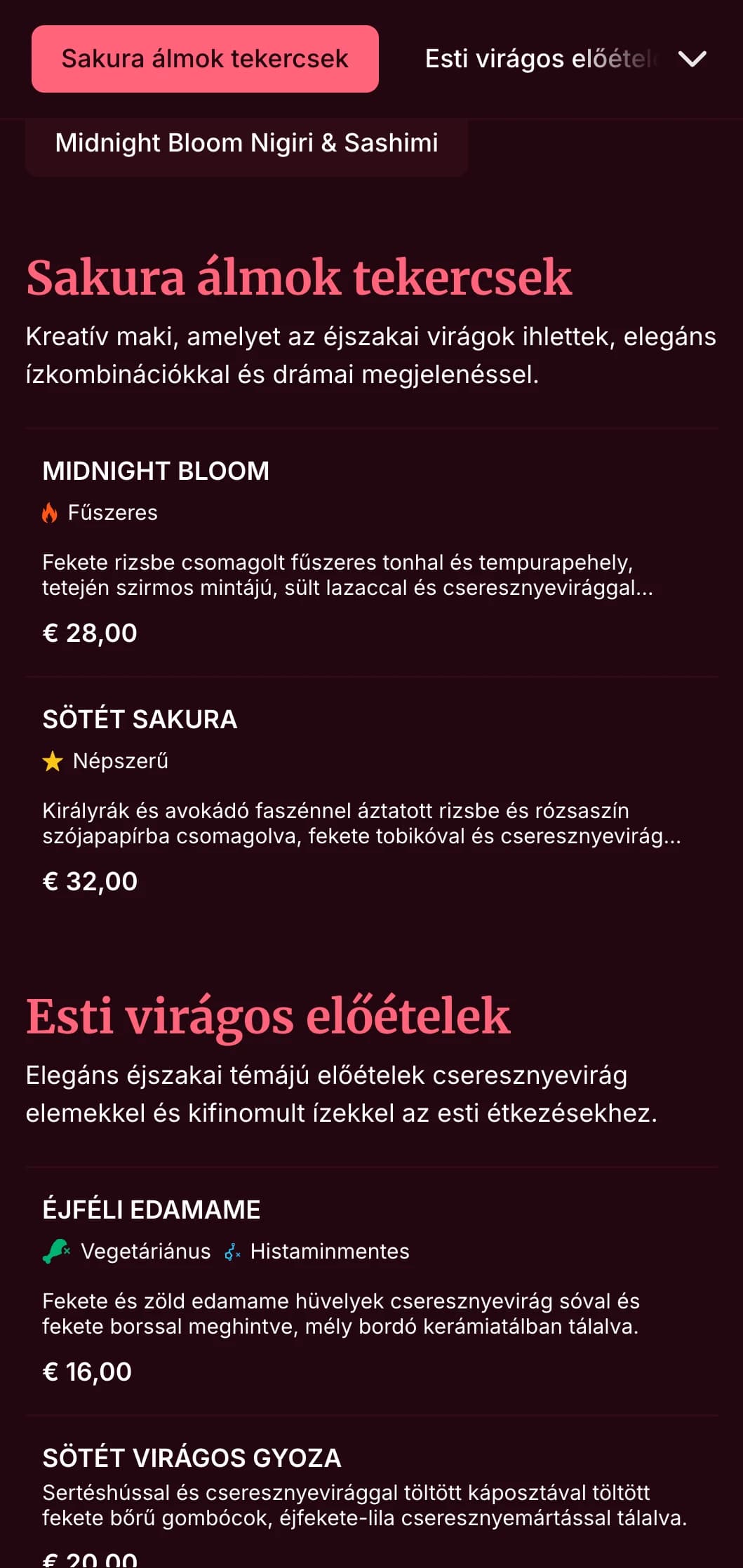 Elegáns esti sushi-élmény drámai cseresznyevirág motívumokkal a mély bordó színű, előkelő étkezésekhez.