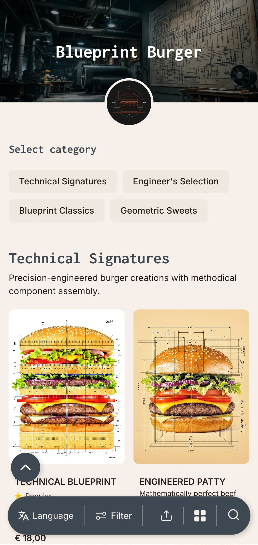 Technical drawing inspired burger concept with precision and architectural elements.