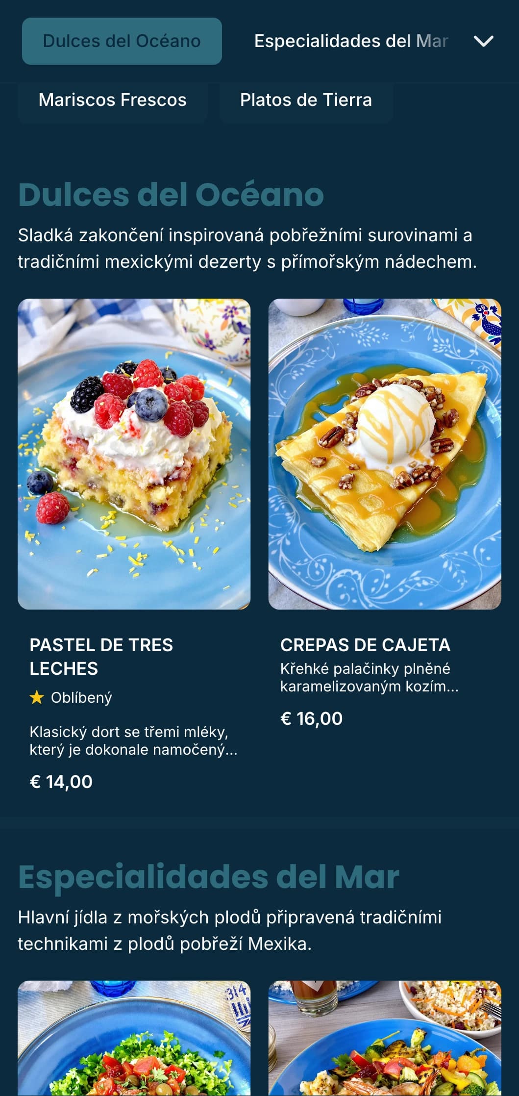 Svěží a svěží pobřežní mexické menu se specialitami z mořských plodů s azurově modrými akcenty, jemnými vzory vln a atmosférou na pláži.