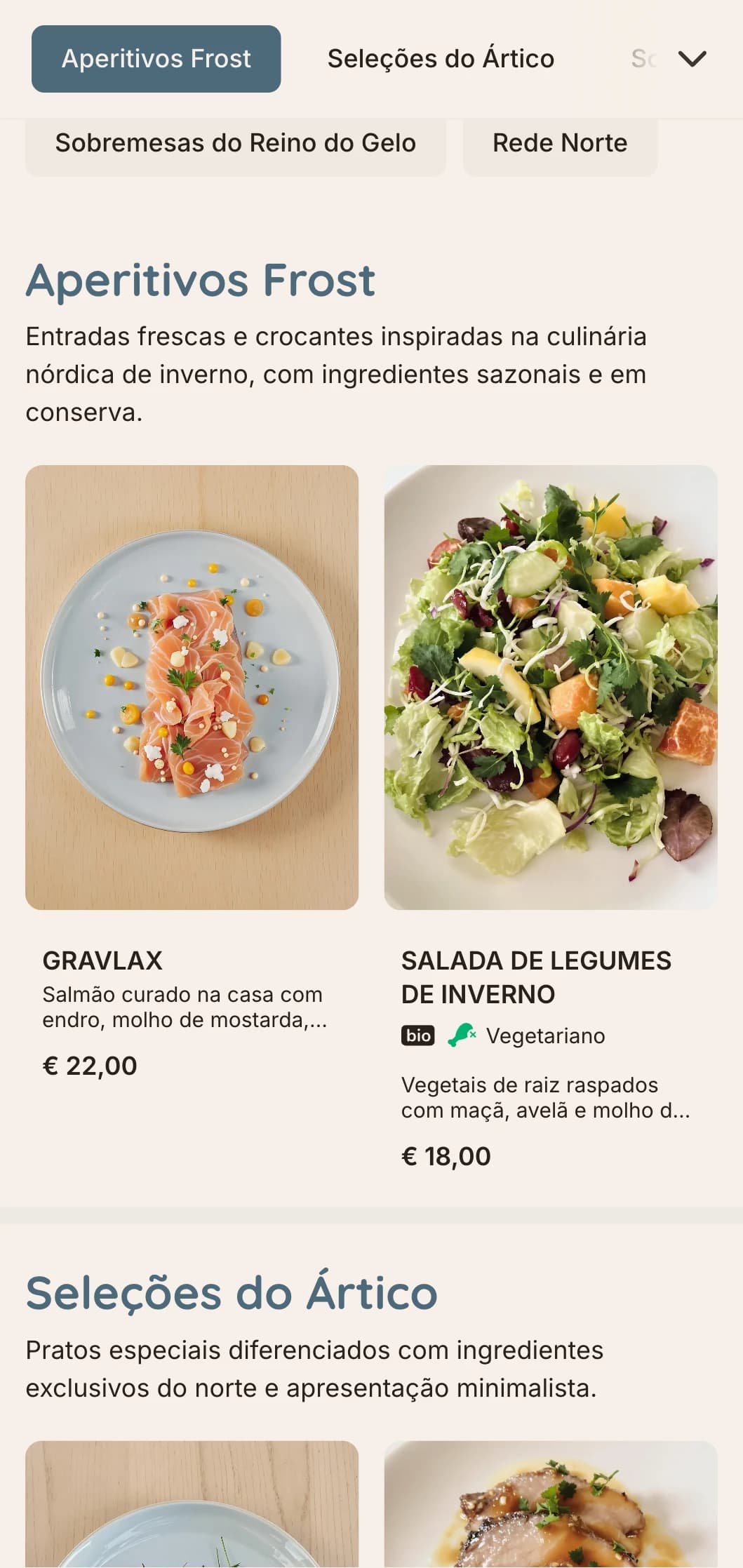 Um menu de jantar fresco e nítido com influências do inverno escandinavo, com tons de azul-gelo e linhas simples, perfeitas para a culinária nórdica.