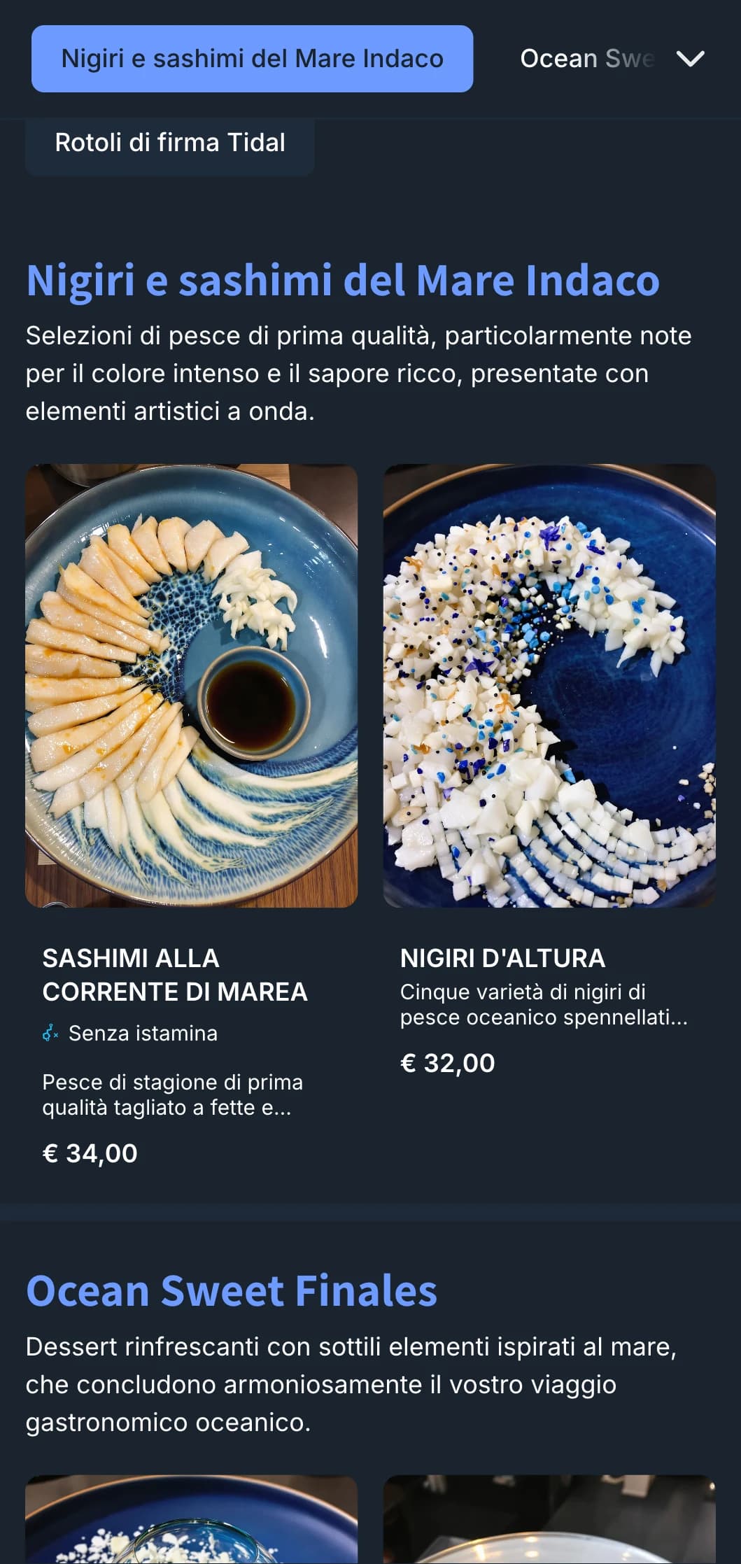 Menu di sushi ispirato all'oceano, con onde di colore indaco intenso e design contemporaneo per i ristoranti di pesce.