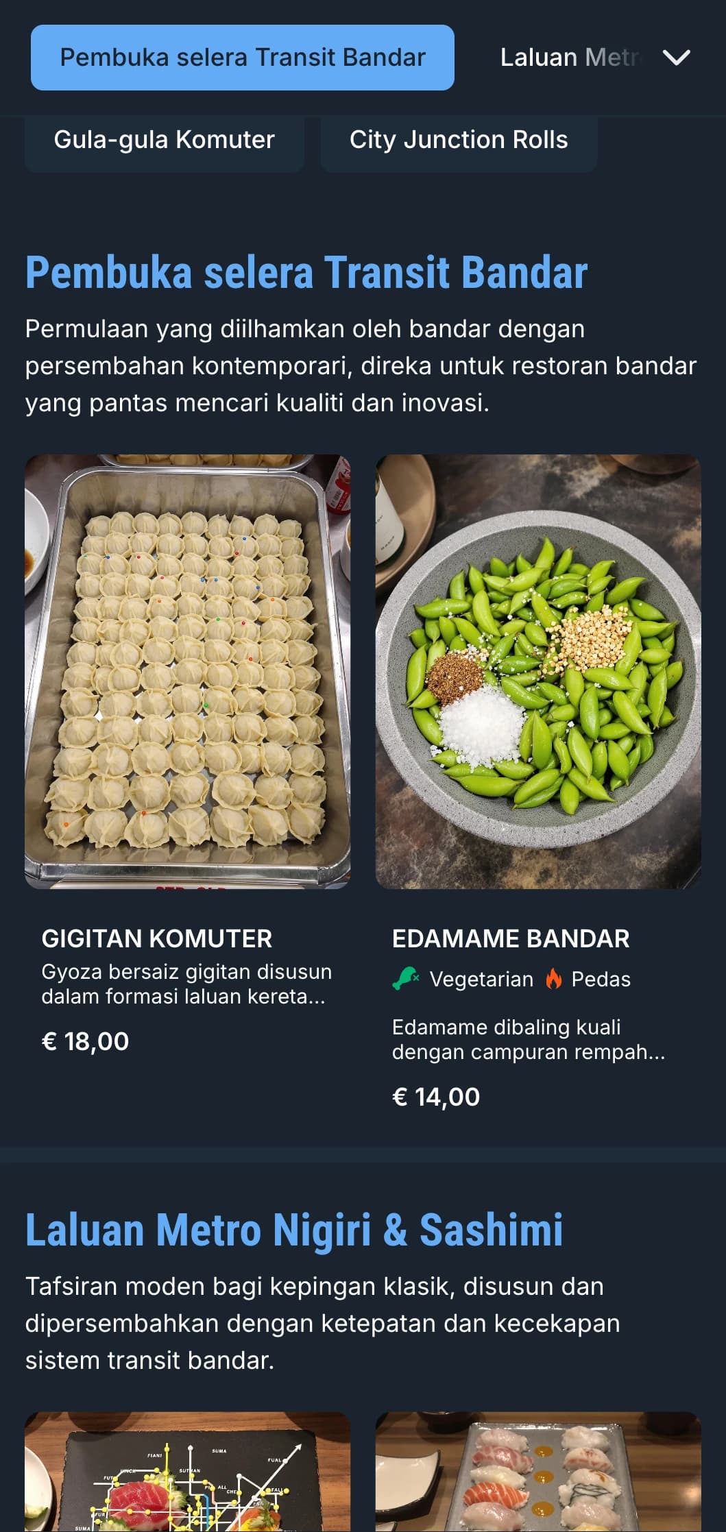 Menu sushi yang diinspirasikan oleh kereta api bawah tanah dengan aksen biru sejuk dan tipografi kontemporari untuk lokasi pusat bandar.
