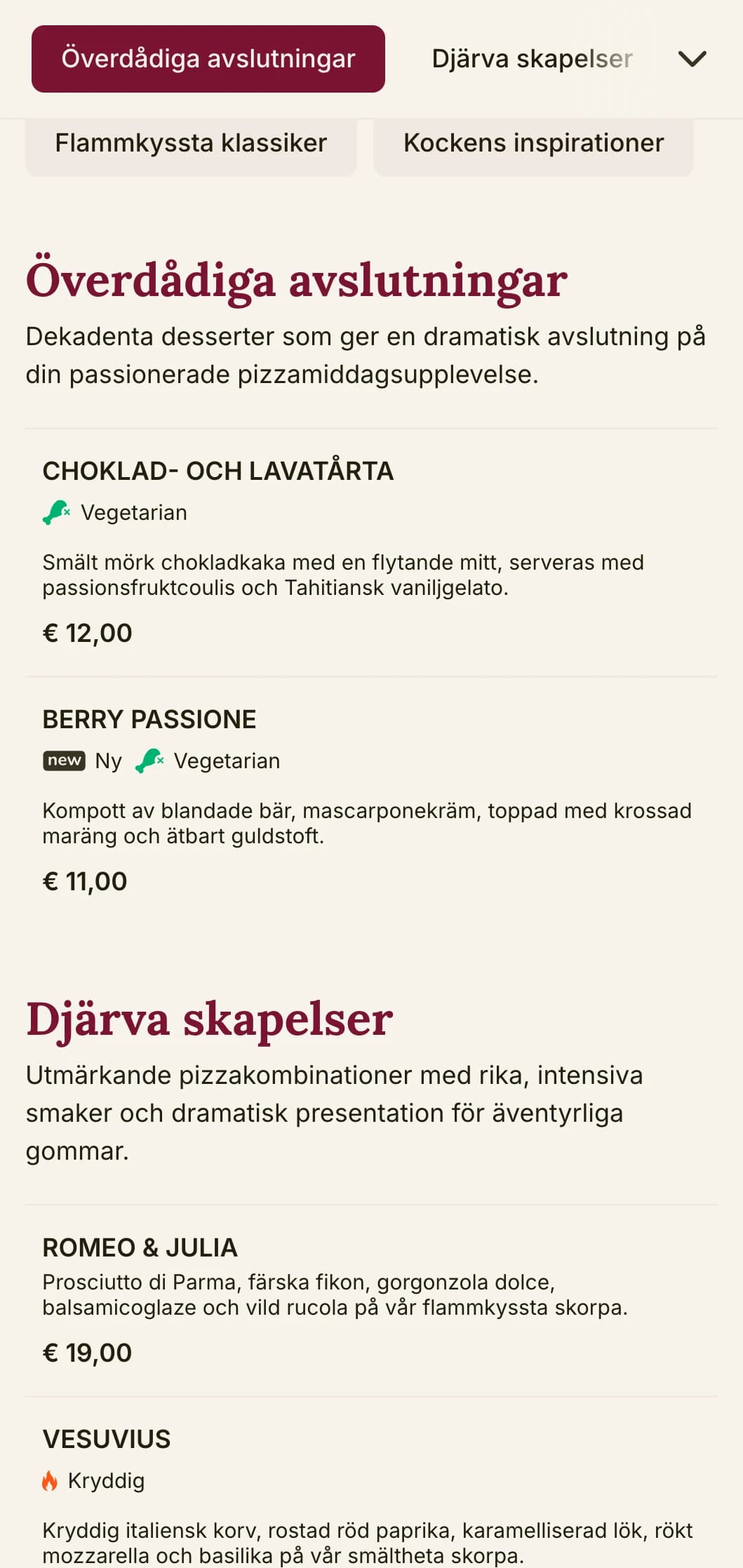 Djärv och passionerad pizzamenydesign med rika färger och teatraliska element för pizzerior med distinkt karaktär.