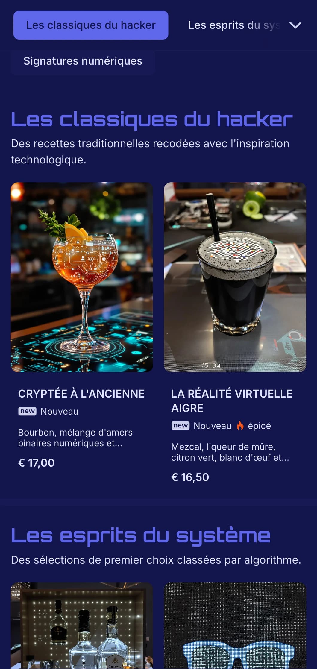 Design futuriste bleu et noir avec des éléments numériques pour les bars à la pointe de la technologie.