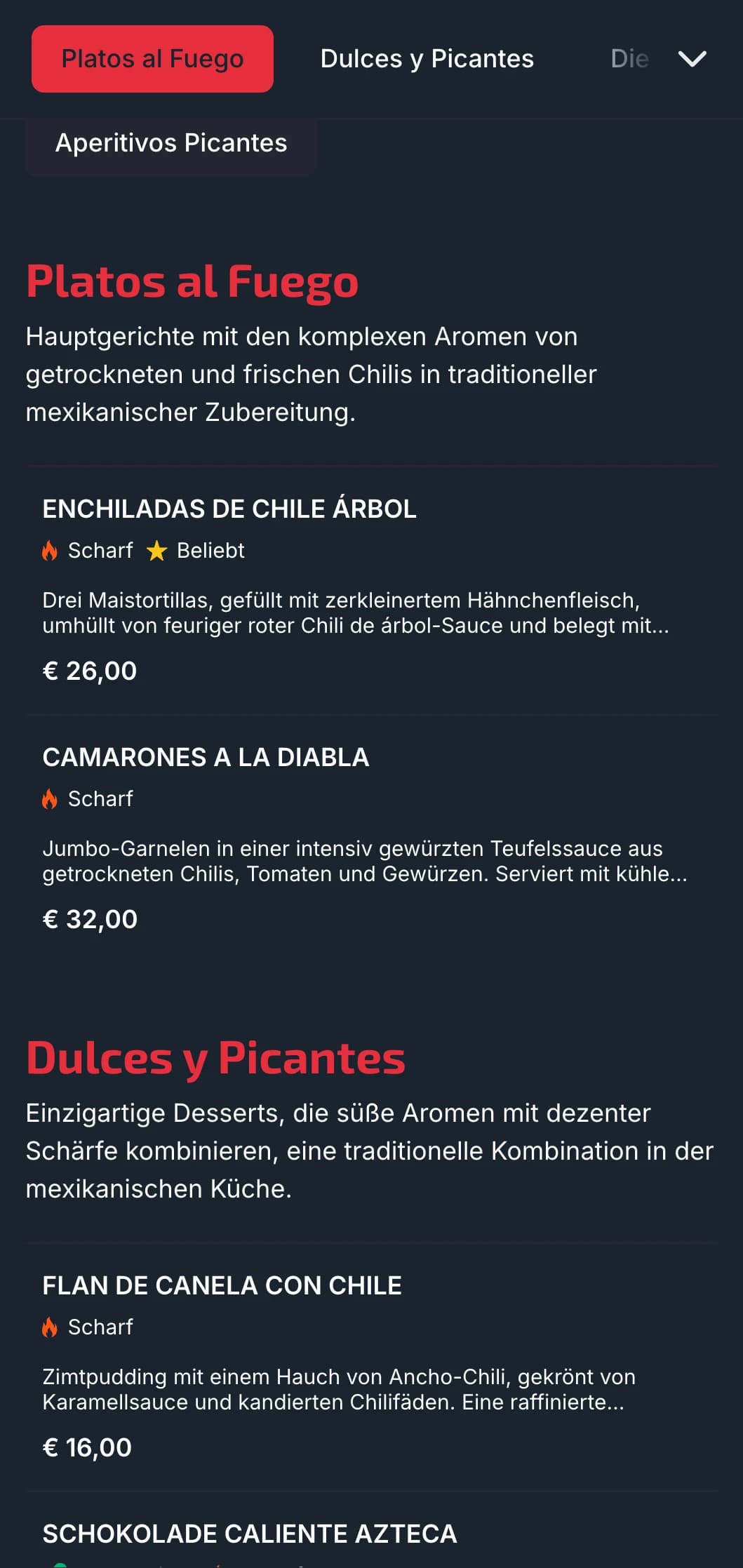 Eine kühne und würzige Speisekarte mit leuchtend roten Chili-Akzenten, schärferen Gerichten und speziellen Salsas für abenteuerlustige Esser.