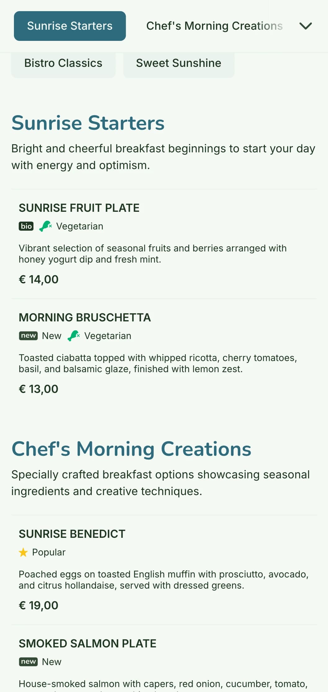 Bright, cheerful breakfast menu featuring fresh, colorful ingredients in a casual yet refined bistro setting.