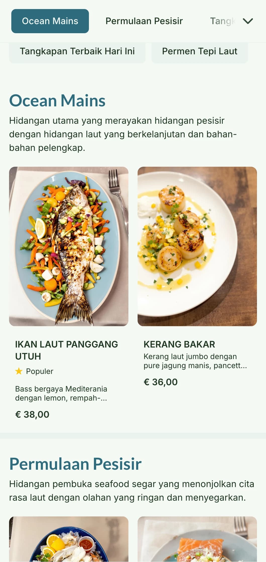 Desain menu makan malam yang segar dan lapang yang terinspirasi dari kehidupan pesisir, menampilkan warna biru yang lembut dan tekstur alami, cocok untuk restoran hidangan laut.