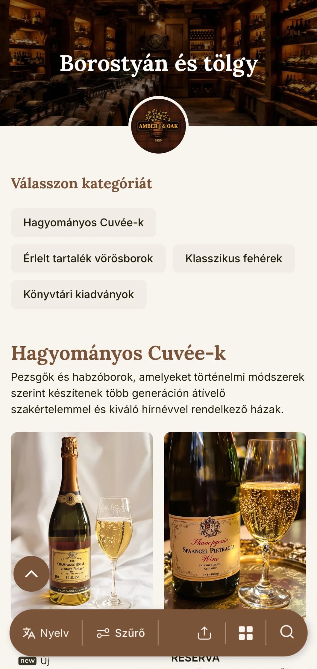 Meleg, hagyományos borlista sablon borostyán és tölgyfa akcentusokkal, tökéletes a már működő borászatok és a pinceprogrammal rendelkező éttermek számára.