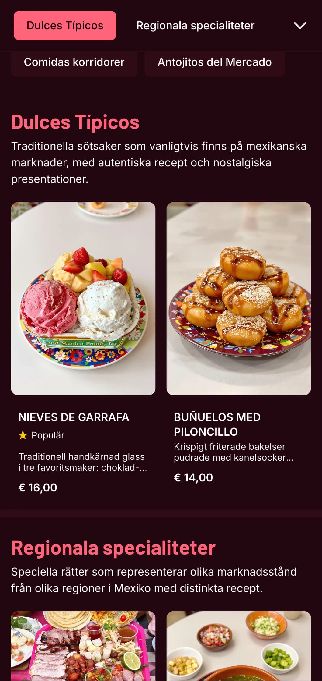 Färgglad och autentisk mexikansk marknadsinspirerad meny med ljusrosa accenter, färska ingredienser och traditionella antojitos och street food.