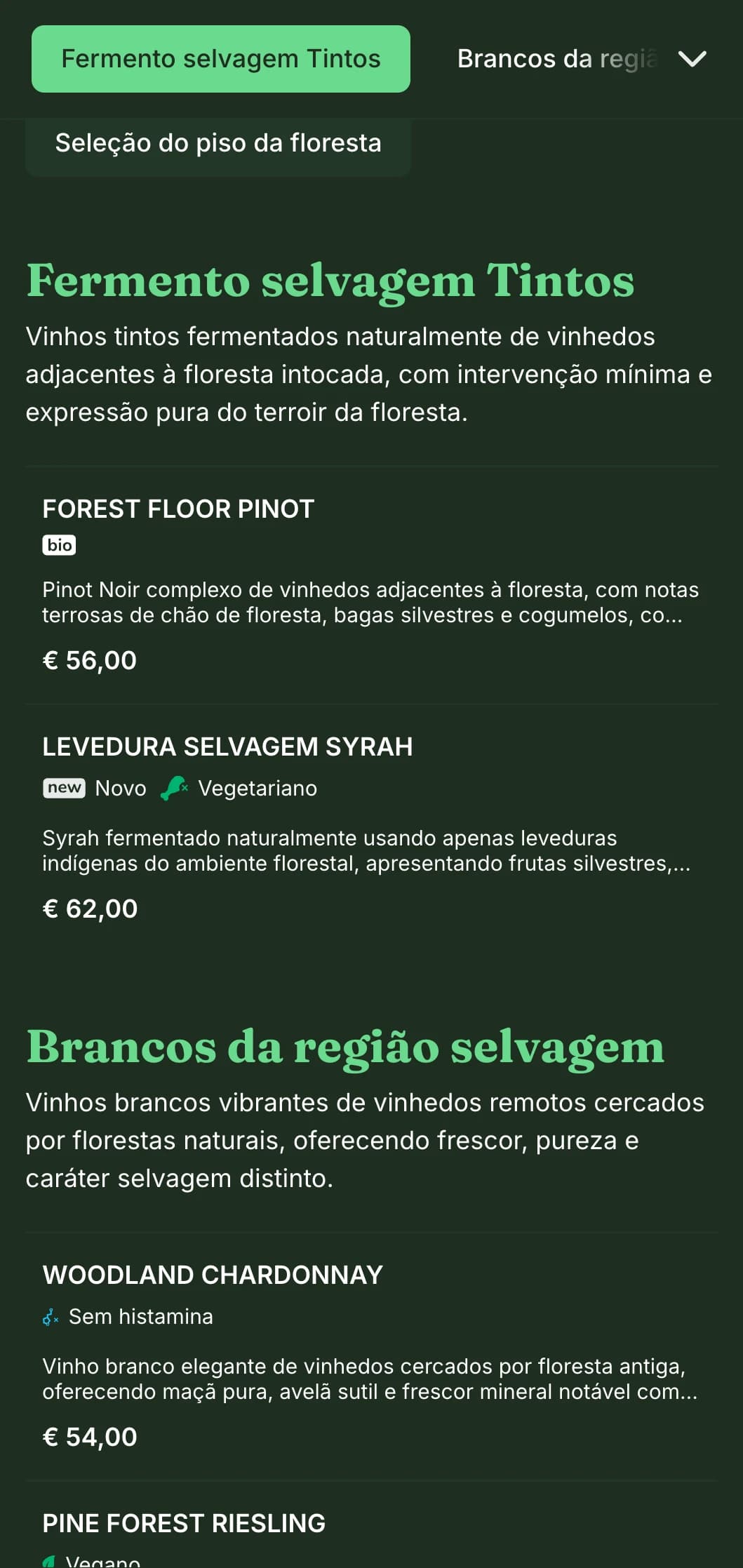 Modelo de carta de vinhos escura inspirada na natureza, com detalhes em verde vibrante e fundo de floresta, perfeita para restaurantes na floresta e bares de vinho rústicos.