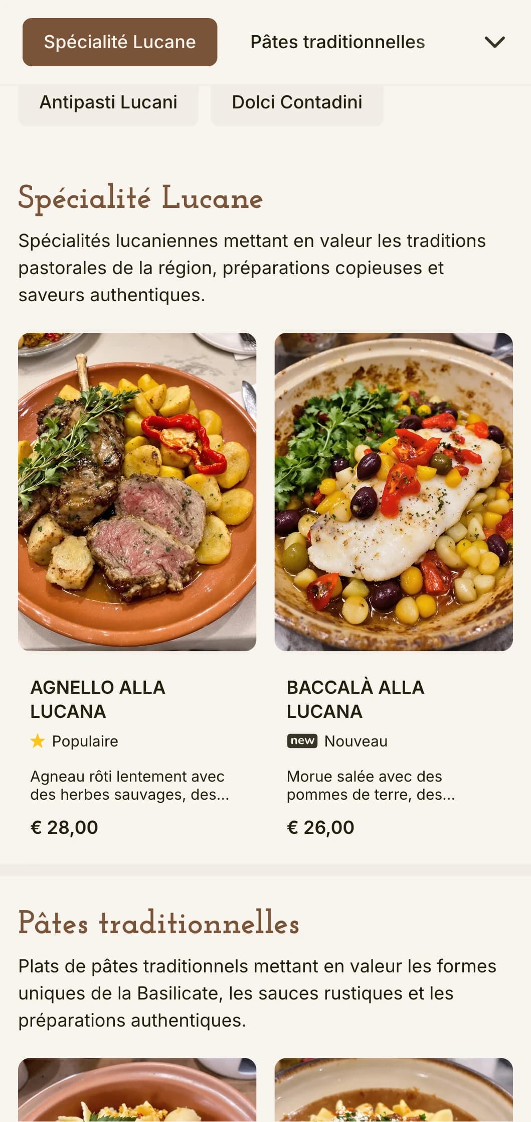 Design traditionnel et terreux reflétant la cuisine rustique et humble de la Basilicate, avec des éléments chauds en terre cuite.