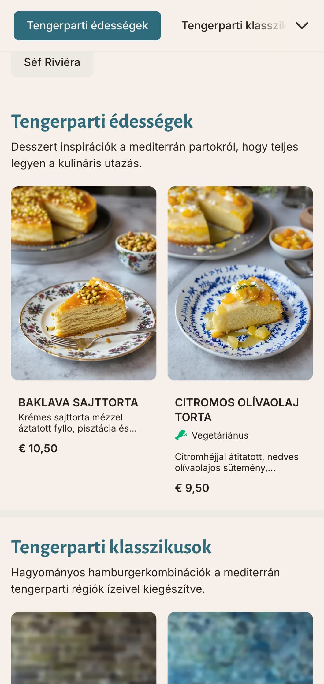 Tengerparti ihletésű burgermenü mediterrán kék akcentussal és friss alapanyagokkal.