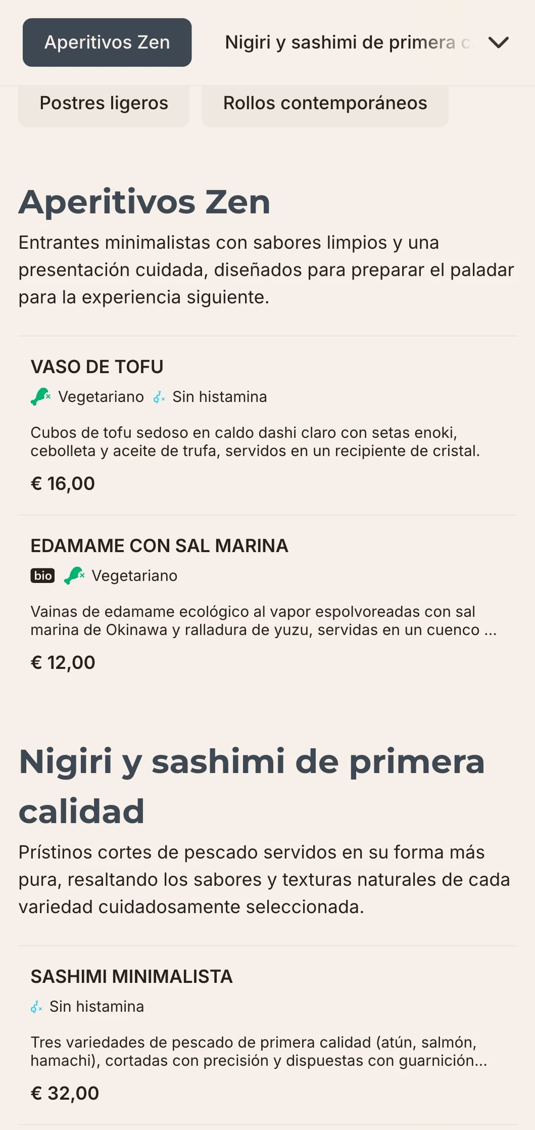 Diseño de menú de sushi limpio y contemporáneo con estética minimalista, perfecto para restaurantes japoneses de lujo centrados en la sencillez y la calidad.