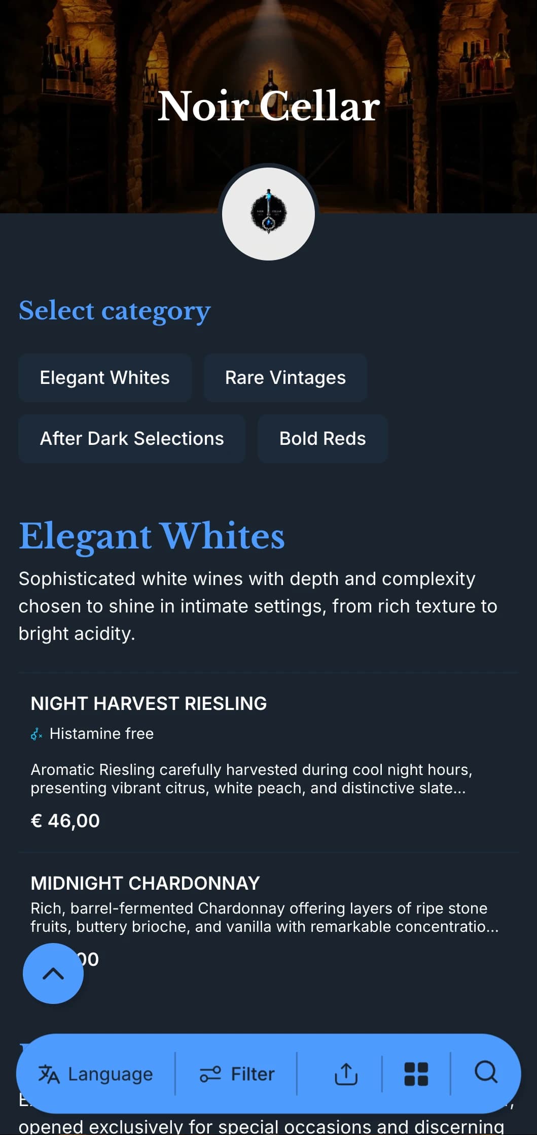 Sophisticated dark-themed wine list template with striking blue accents against deep navy backgrounds, ideal for intimate wine lounges and evening venues.