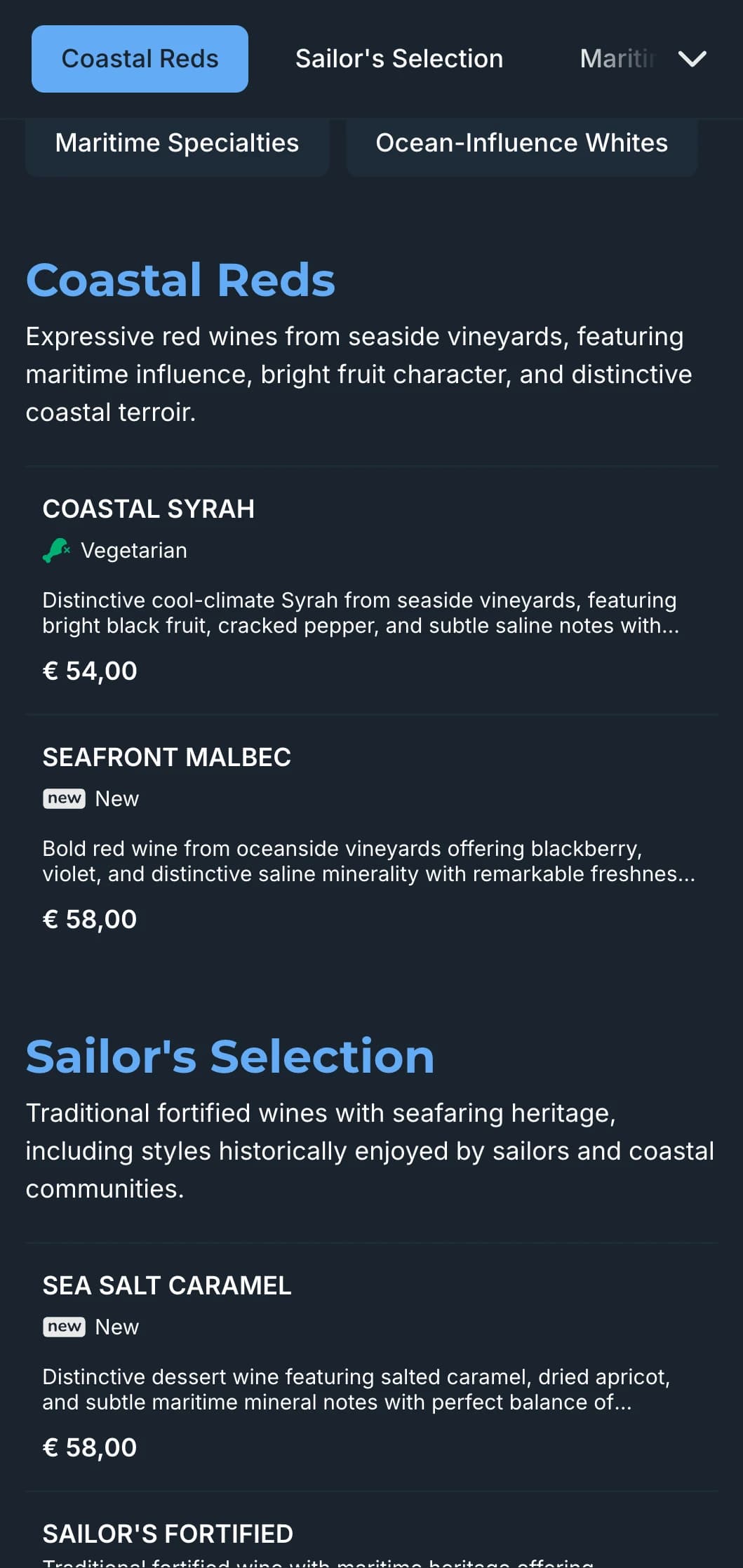 Mediterranean-inspired dark wine list template with vibrant blue accents, perfect for evening coastal restaurants and seaside wine experiences.