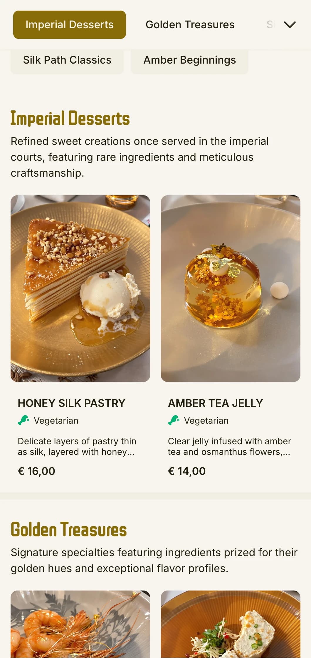Luxurious Chinese menu design combining amber and silk aesthetics, with warm tones for refined dining.