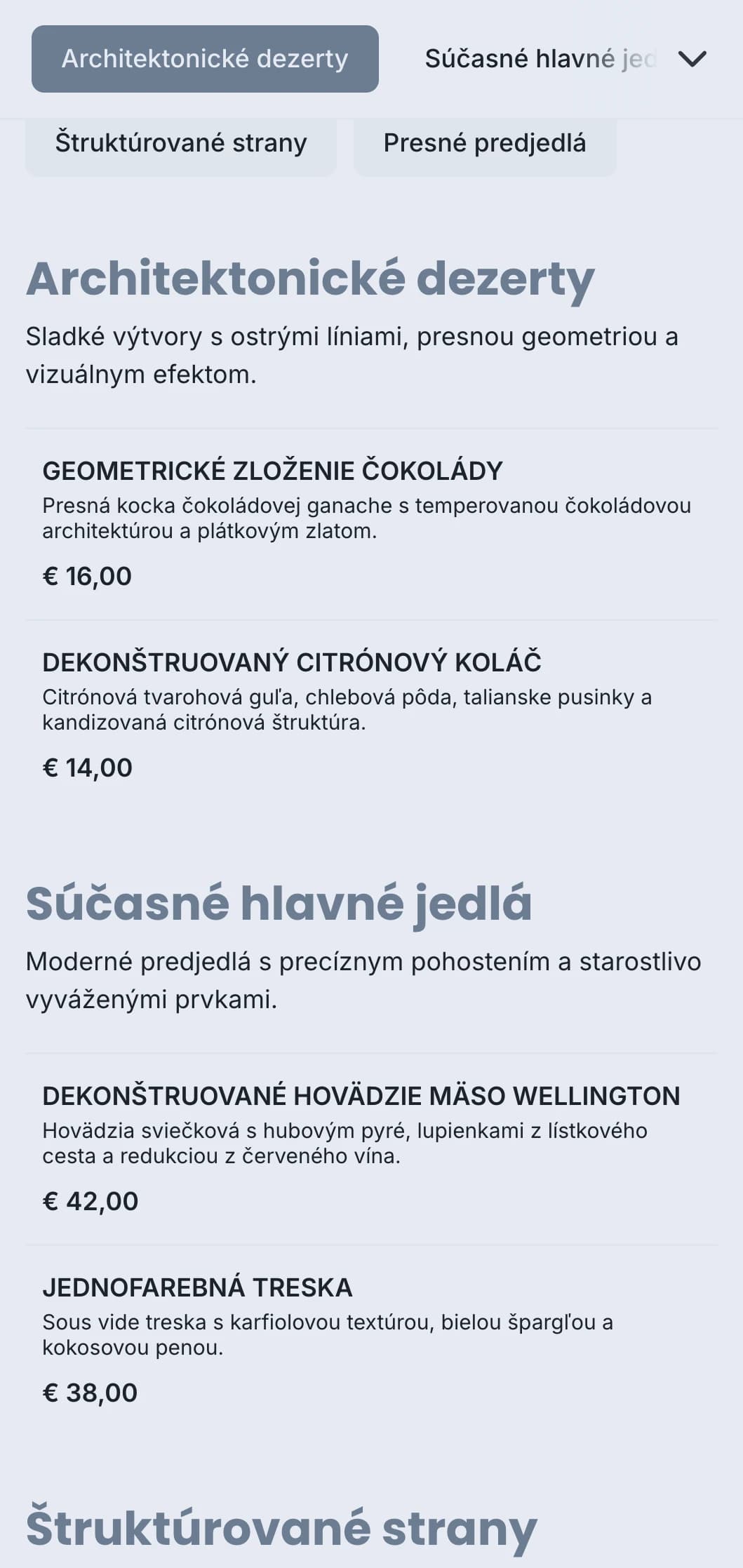 Čistý, štruktúrovaný dizajn cateringu s geometrickým pohostením, presnými porciami a monochromatickými farebnými schémami pre moderné podujatia.