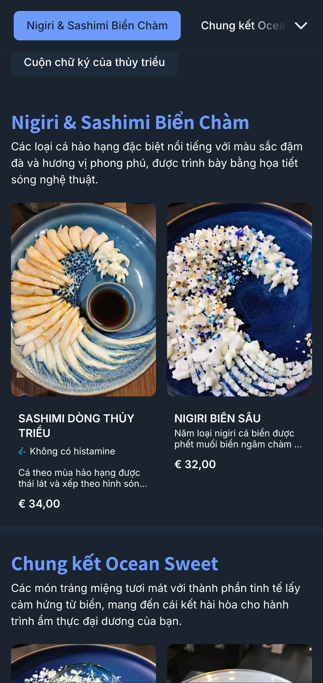 Thực đơn sushi lấy cảm hứng từ đại dương với những con sóng màu chàm đậm và thiết kế hiện đại dành cho các nhà hàng chuyên về hải sản.