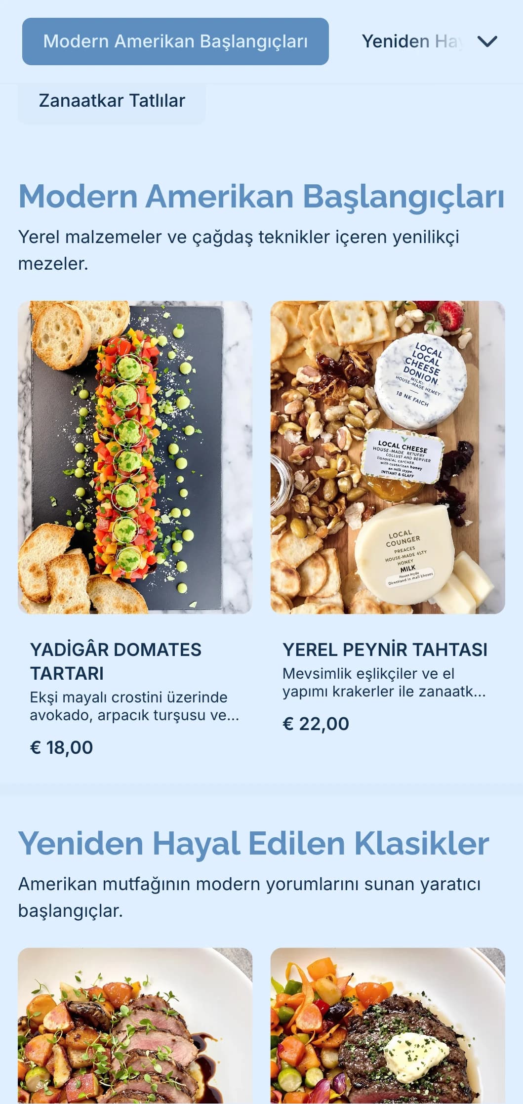 Sofistike etkinlikler için yerel malzemeler, yenilikçi teknikler ve çağdaş sunumlar içeren modern Amerikan esintili catering hizmeti.