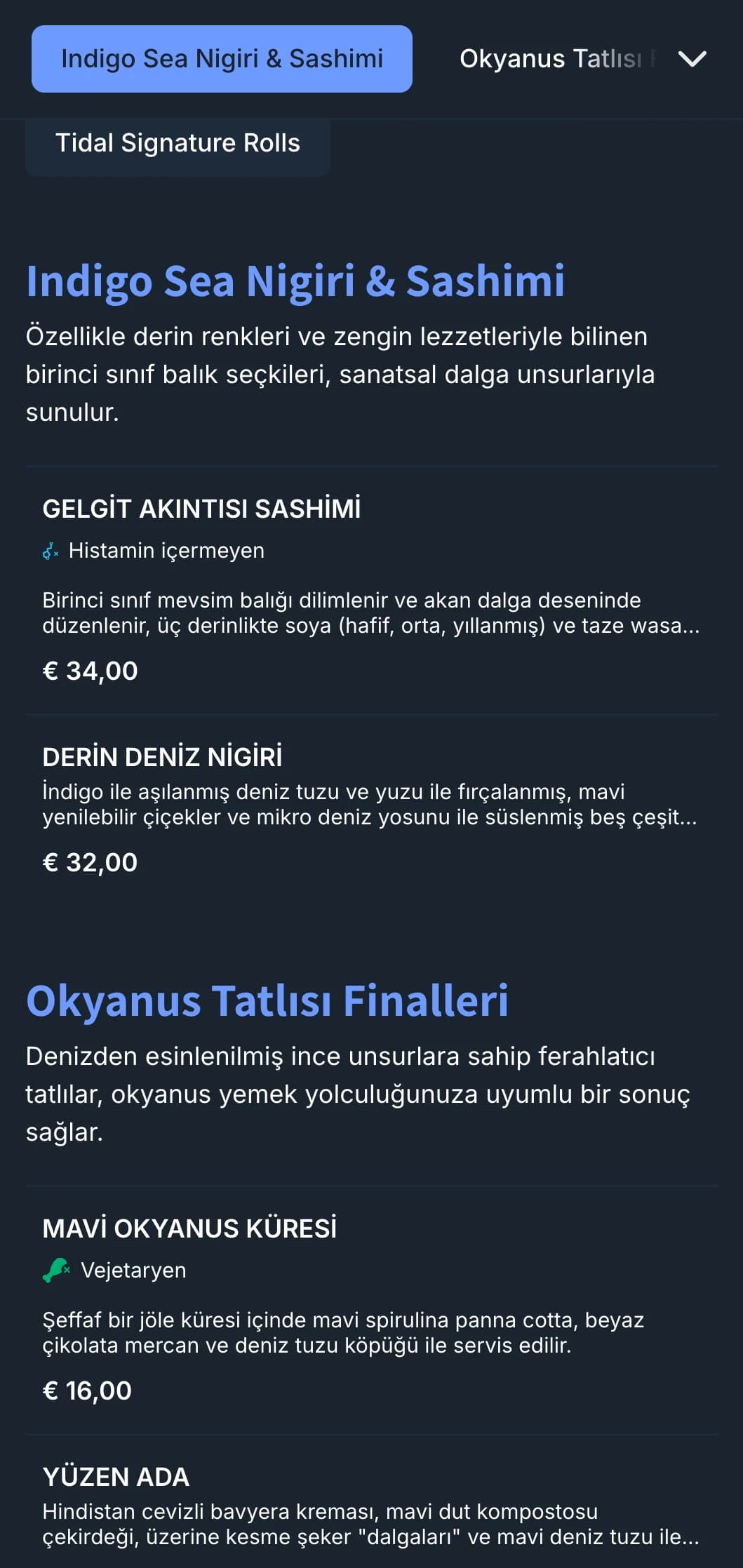 Derin indigo dalgaları ve deniz ürünleri odaklı restoranlar için çağdaş tasarımıyla okyanustan ilham alan suşi menüsü.