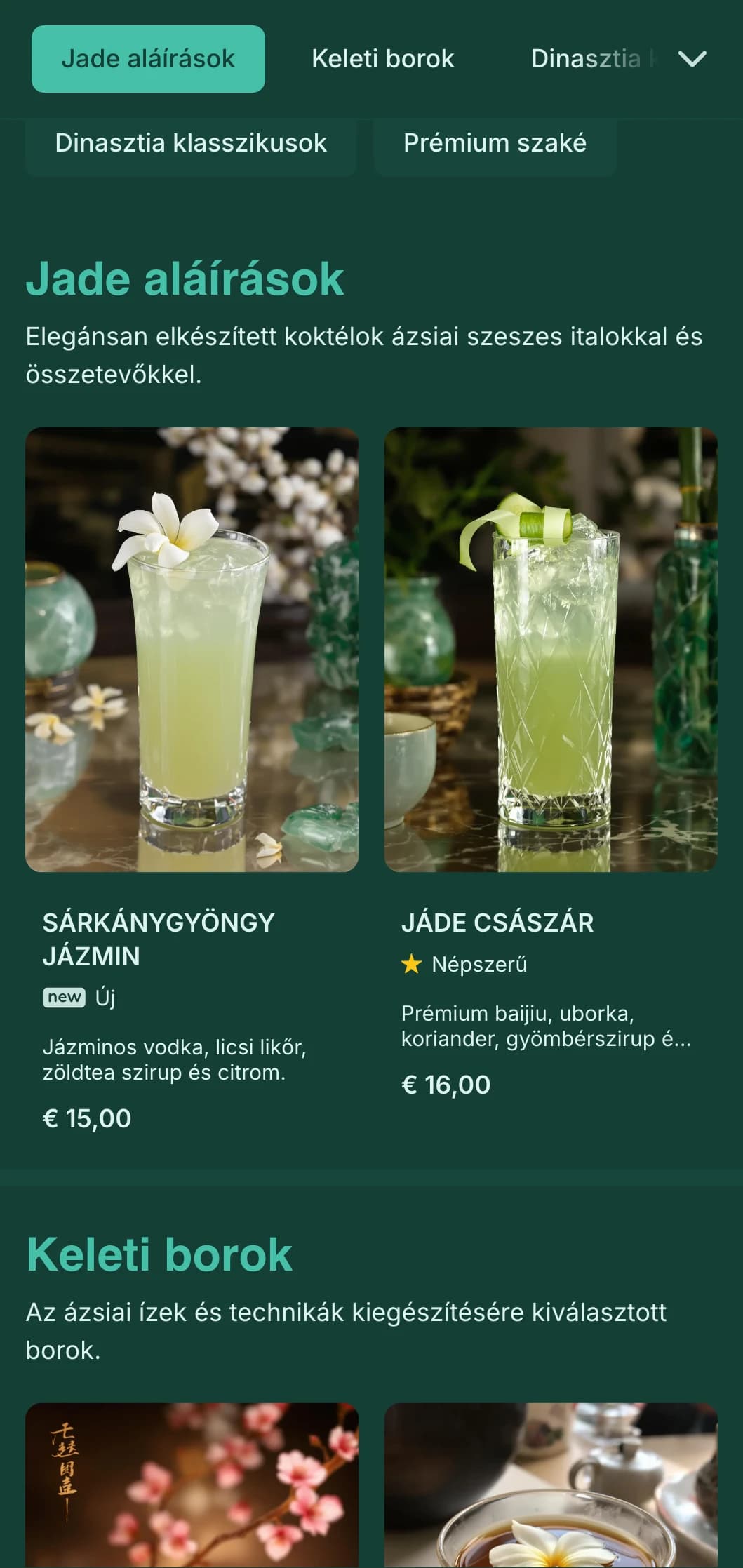 Kínai művészet által ihletett elegáns zöld design ázsiai ihletésű koktélbárokhoz.