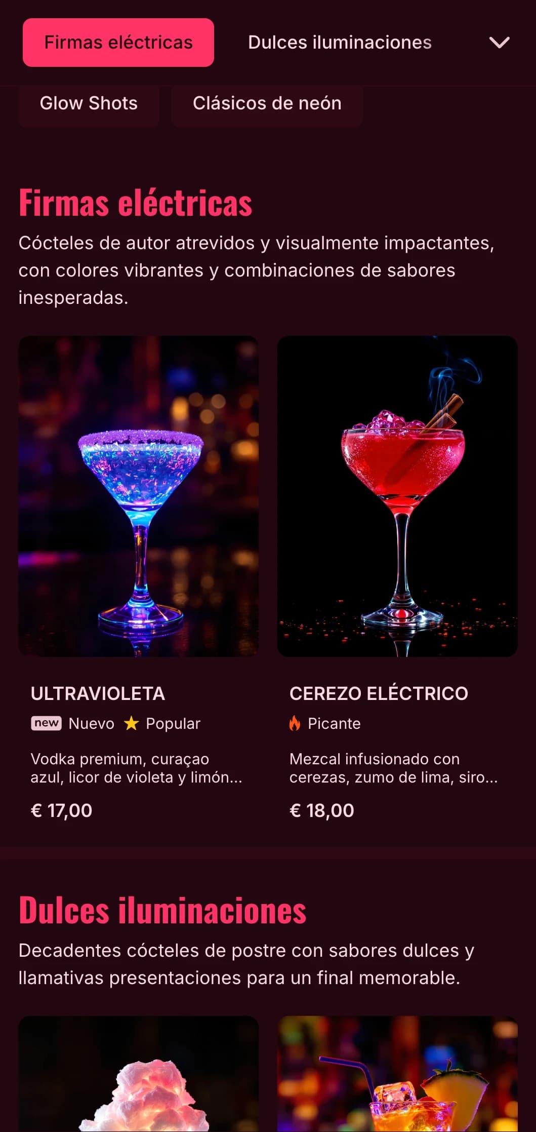 Un diseño de menú atrevido y vibrante inspirado en la vida nocturna de neón, perfecto para bares de cócteles y clubes nocturnos contemporáneos.