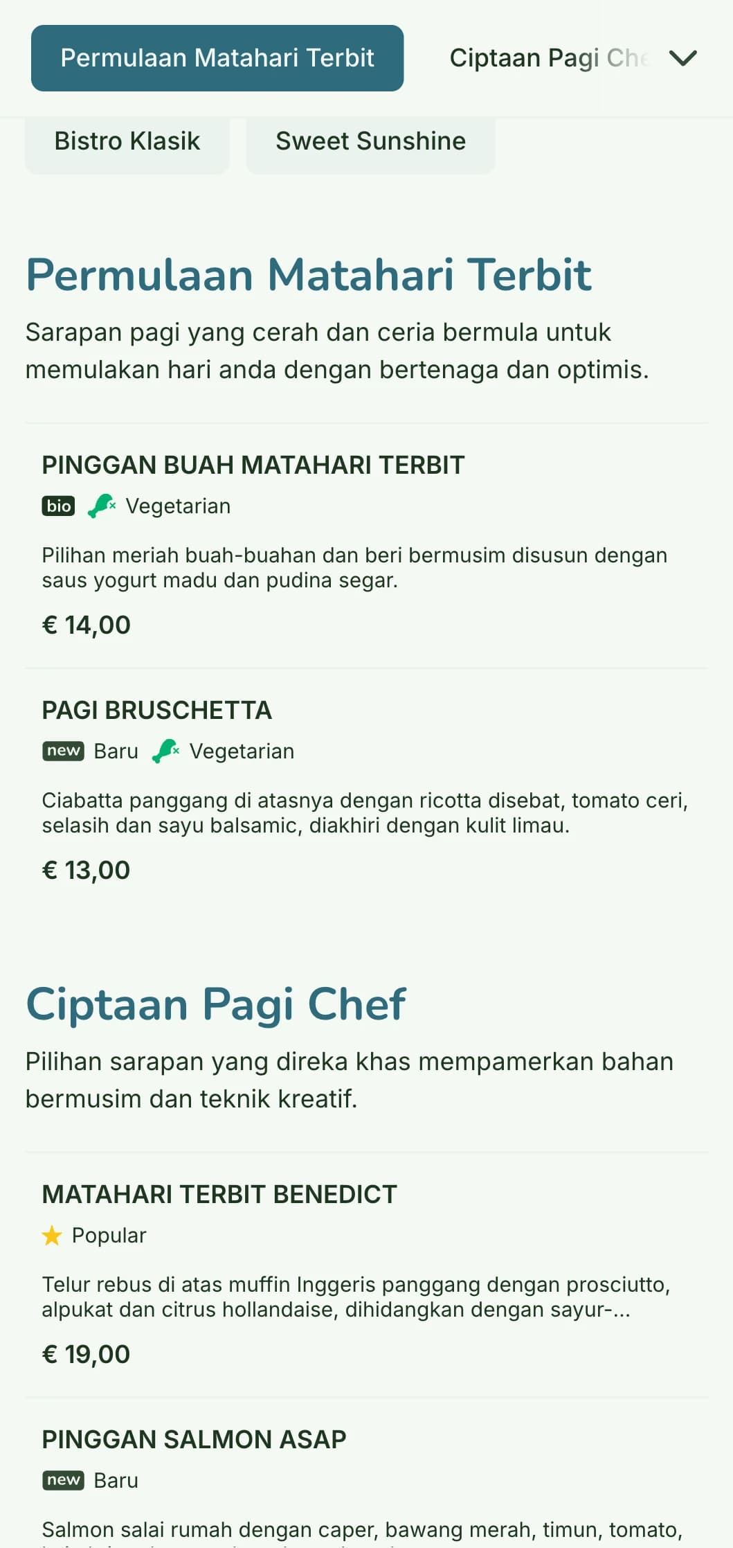 Menu sarapan pagi yang cerah dan ceria menampilkan bahan-bahan segar dan berwarna-warni dalam suasana bistro yang kasual namun elegan.