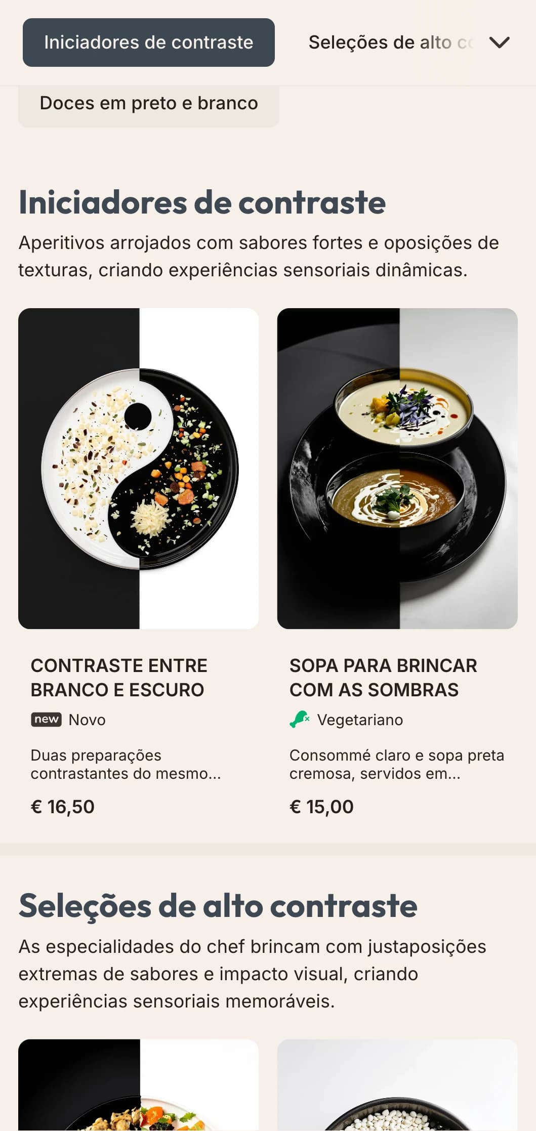 Design de cardápio de almoço em preto e branco com alto contraste e tipografia arrojada, perfeito para restaurantes minimalistas e espaços de arte contemporânea.
