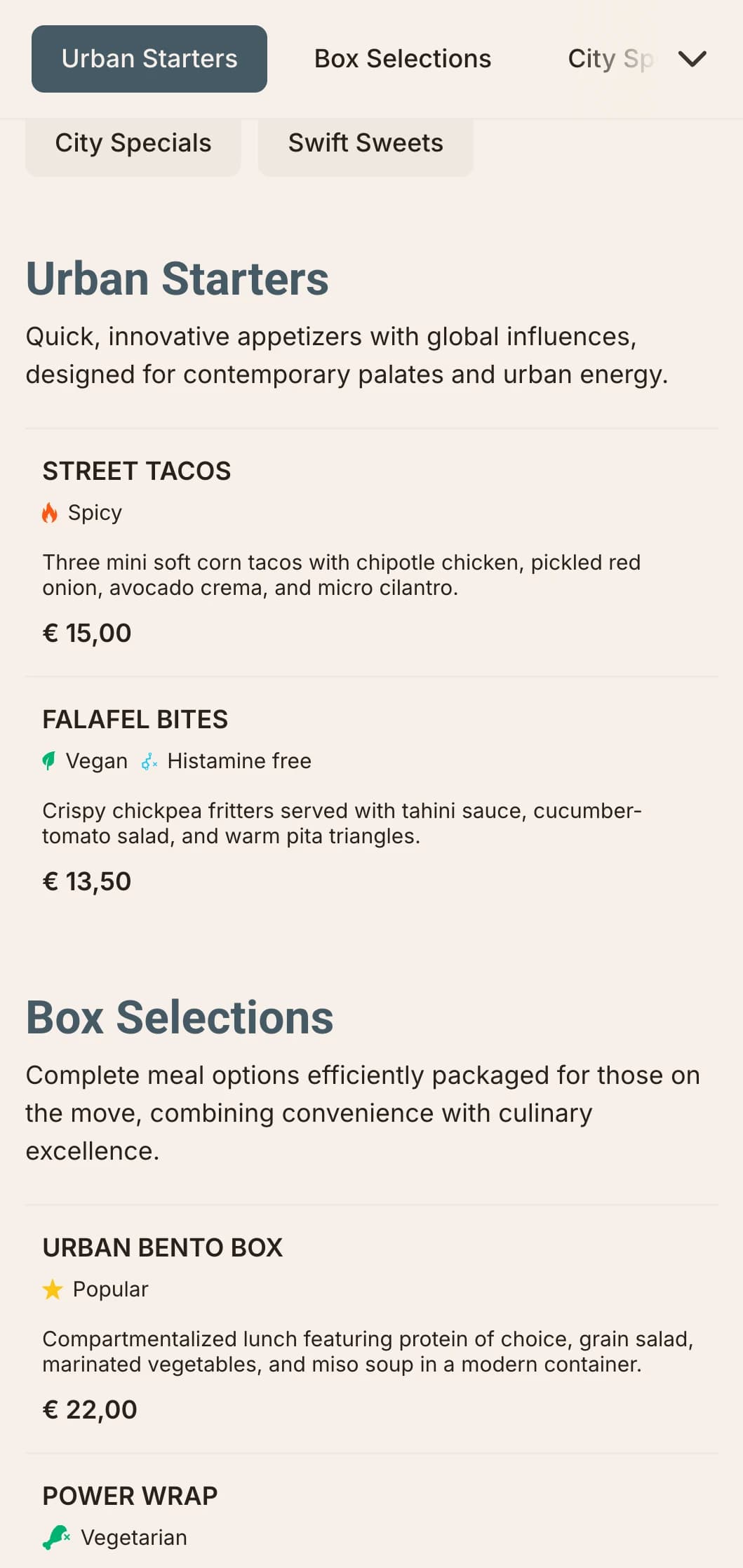 Bold, contemporary lunch menu design for fast-casual dining spots, featuring dynamic typography and efficient layout for urban professionals seeking quality midday meals.