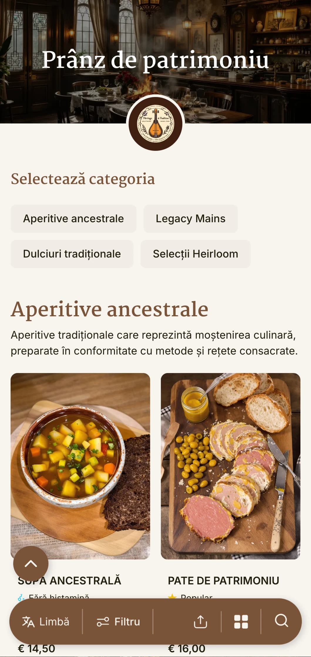 Design tradițional, inspirat de patrimoniu, pentru meniul de prânz, cu elemente istorice și tipografie atemporală, perfect pentru restaurante de referință și unități cu semnificație culturală.