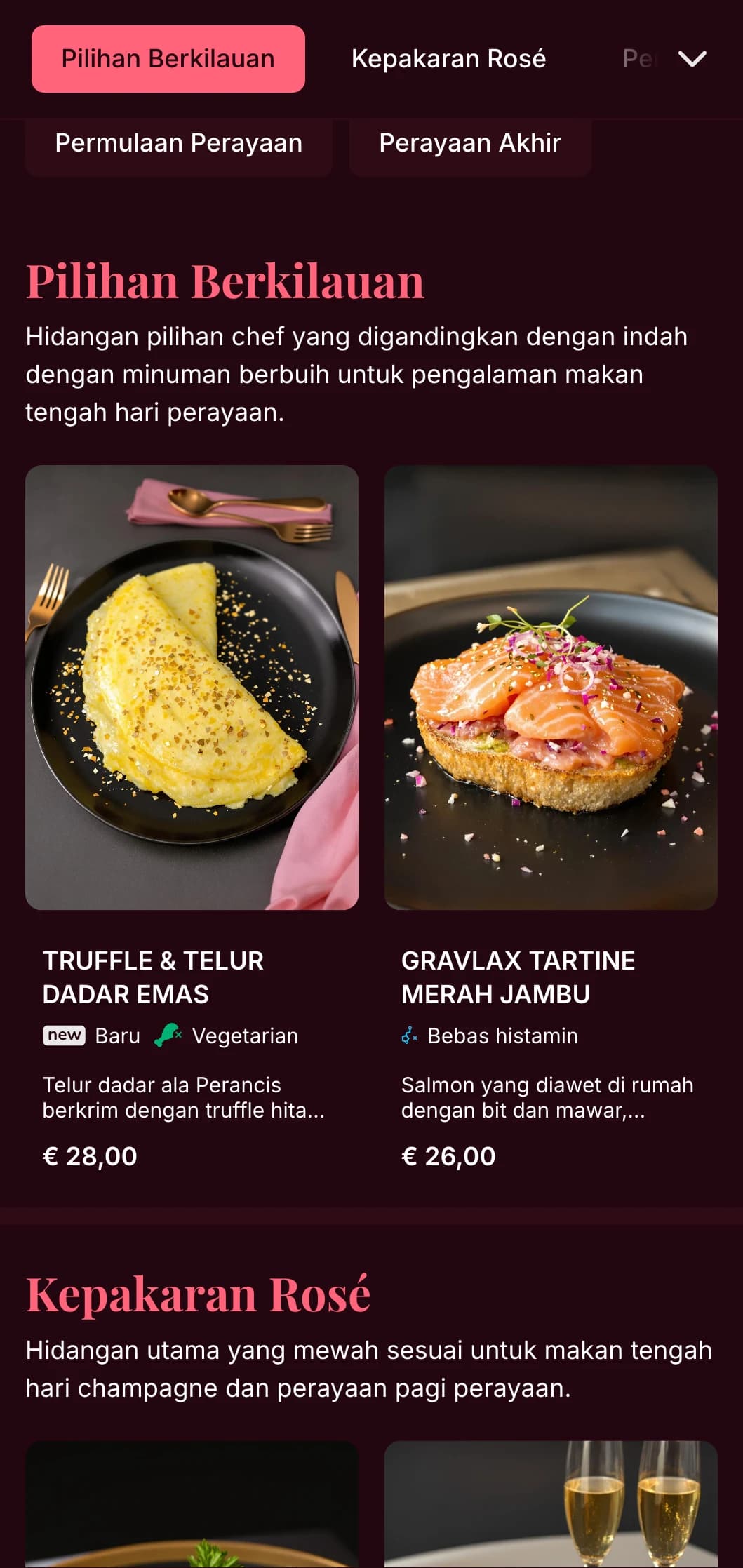Templat makan tengah hari bertema merah jambu mewah dengan aksen emas, sesuai untuk makan tengah hari champagne dan pengalaman menjamu selera.