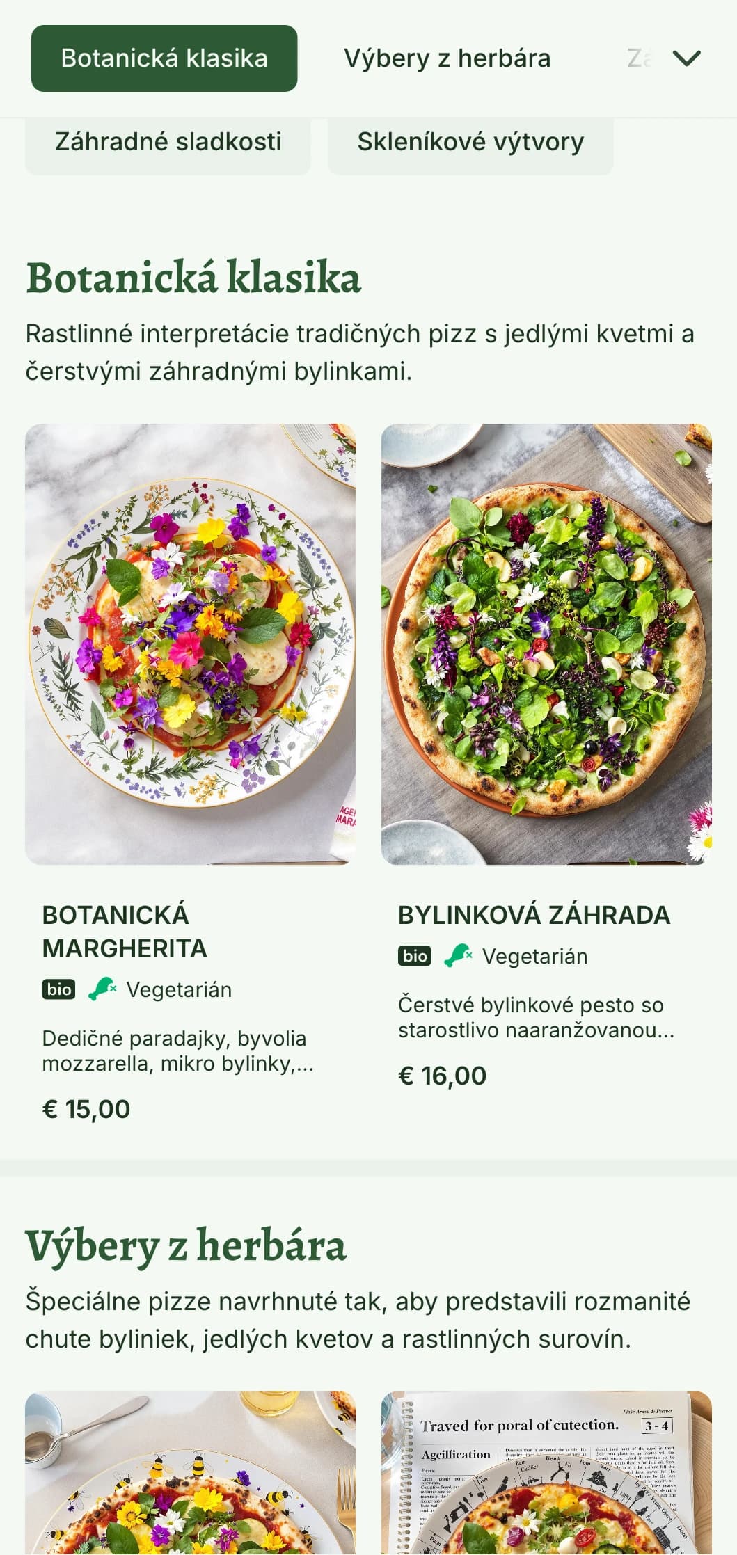 Rastlinné menu na pizzu s botanickými ilustráciami a prírodnými dizajnovými prvkami.