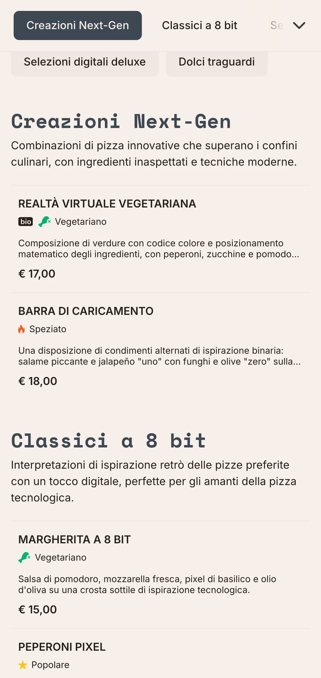 Menù di pizza moderna di ispirazione tecnologica con estetica digitale per concetti di pizza innovativi.