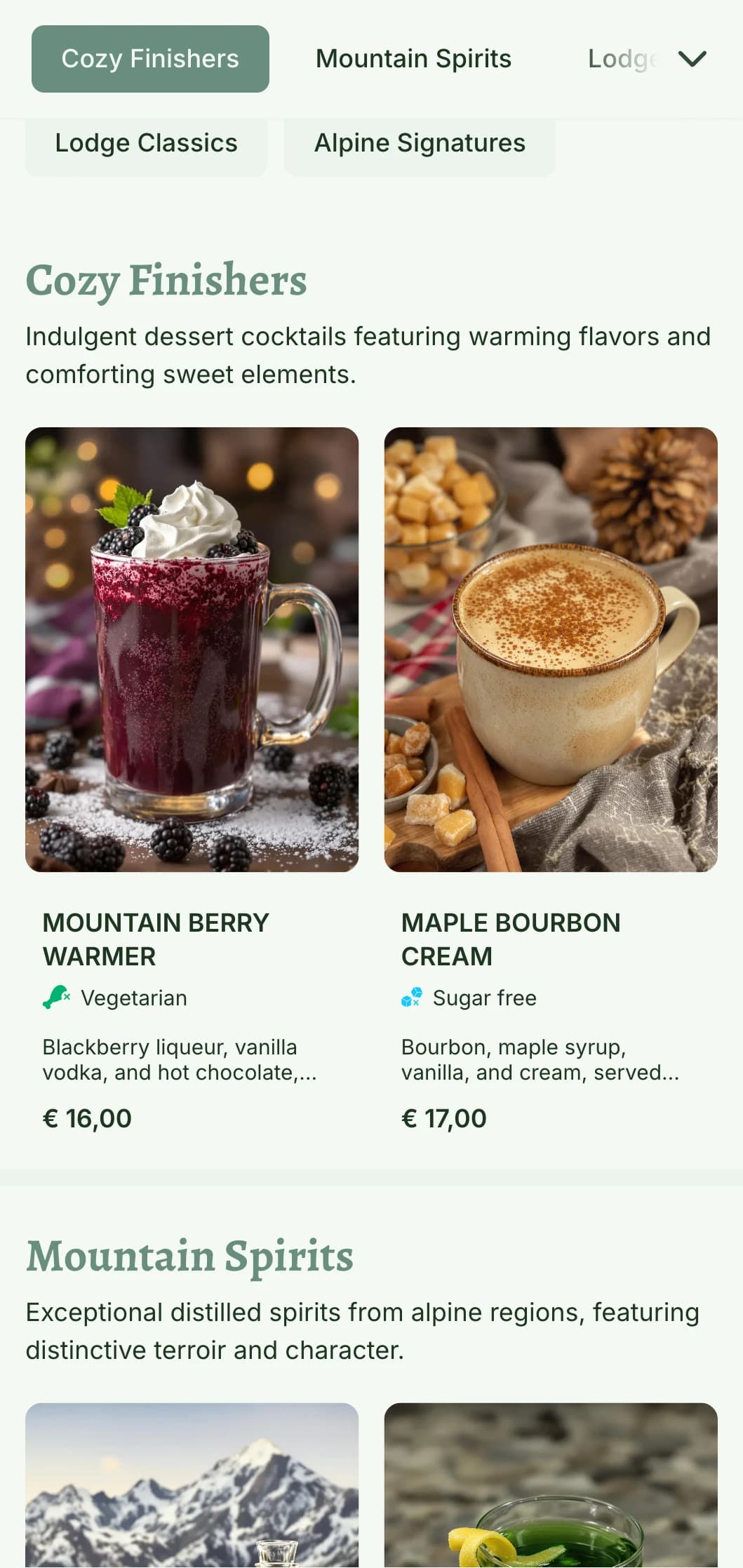 A cozy, mountain-inspired design for ski resort bars and alpine lodges featuring warm, natural elements and rustic typography.