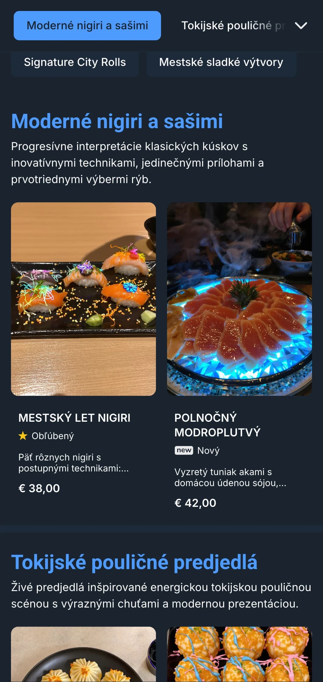 Odvážne, moderné sushi menu s dramatickou estetikou inšpirovanou nocou, so žiarivými modrými akcentmi na tmavom uhlíkovom pozadí.